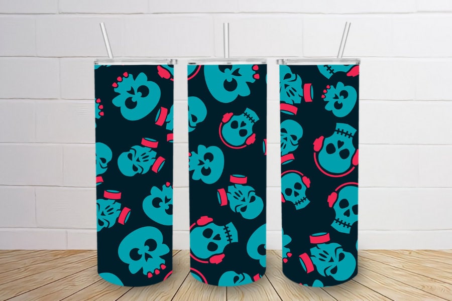 Halloween blue skulls with headphones 20oz skinny tumbler