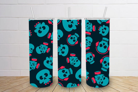 Halloween blue skulls with headphones 20oz skinny tumbler