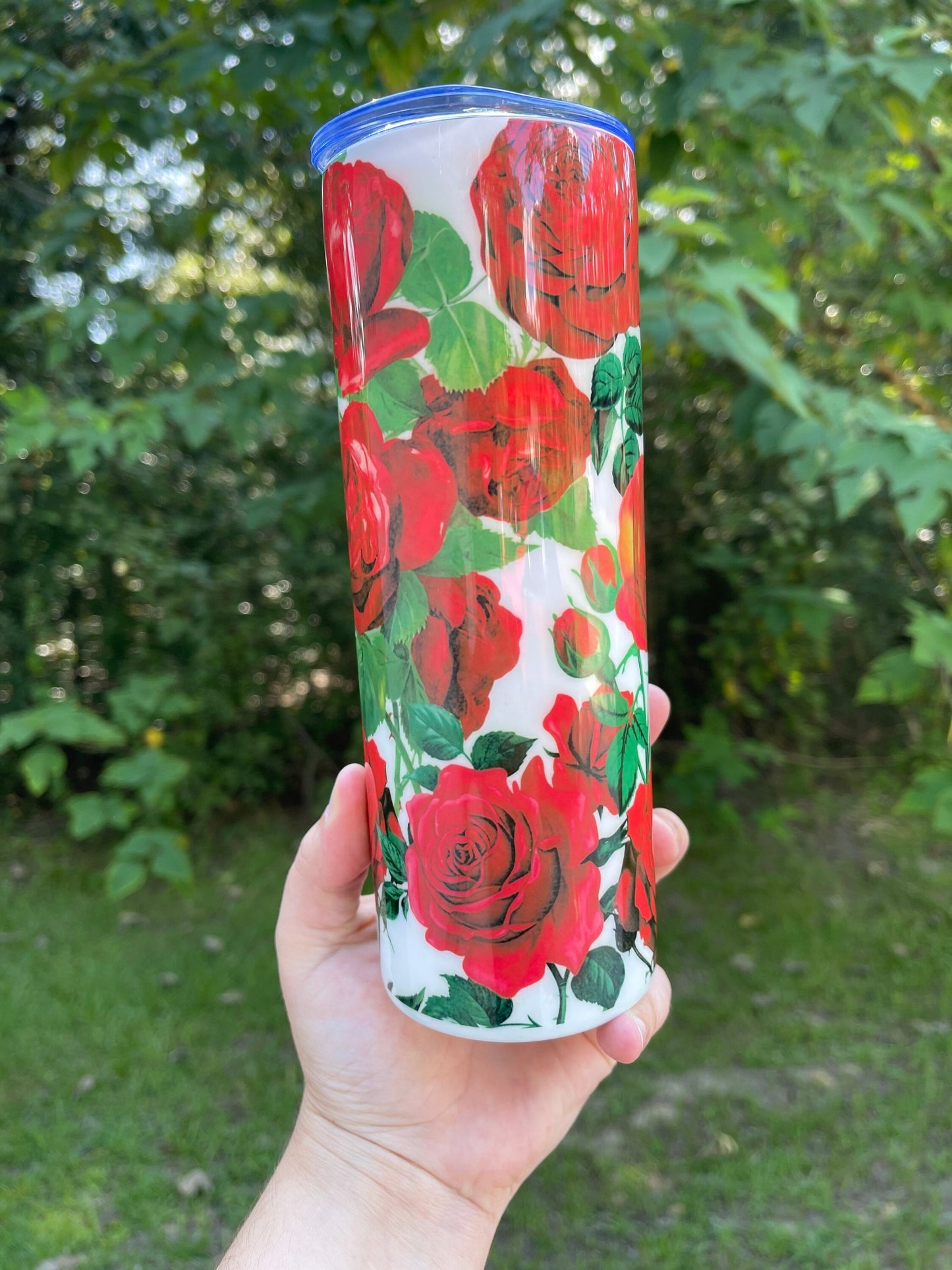 Beautiful and vibrant Red Roses  collage with stems leaves and thorns pretty tumbler 20oz skinny