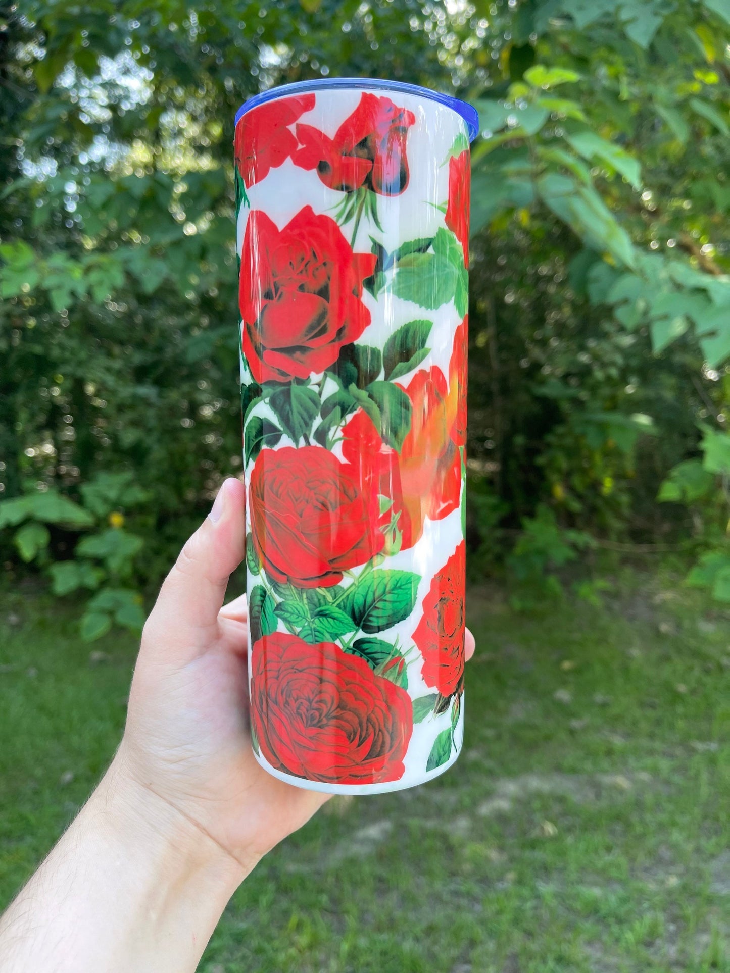 Beautiful and vibrant Red Roses  collage with stems leaves and thorns pretty tumbler 20oz skinny