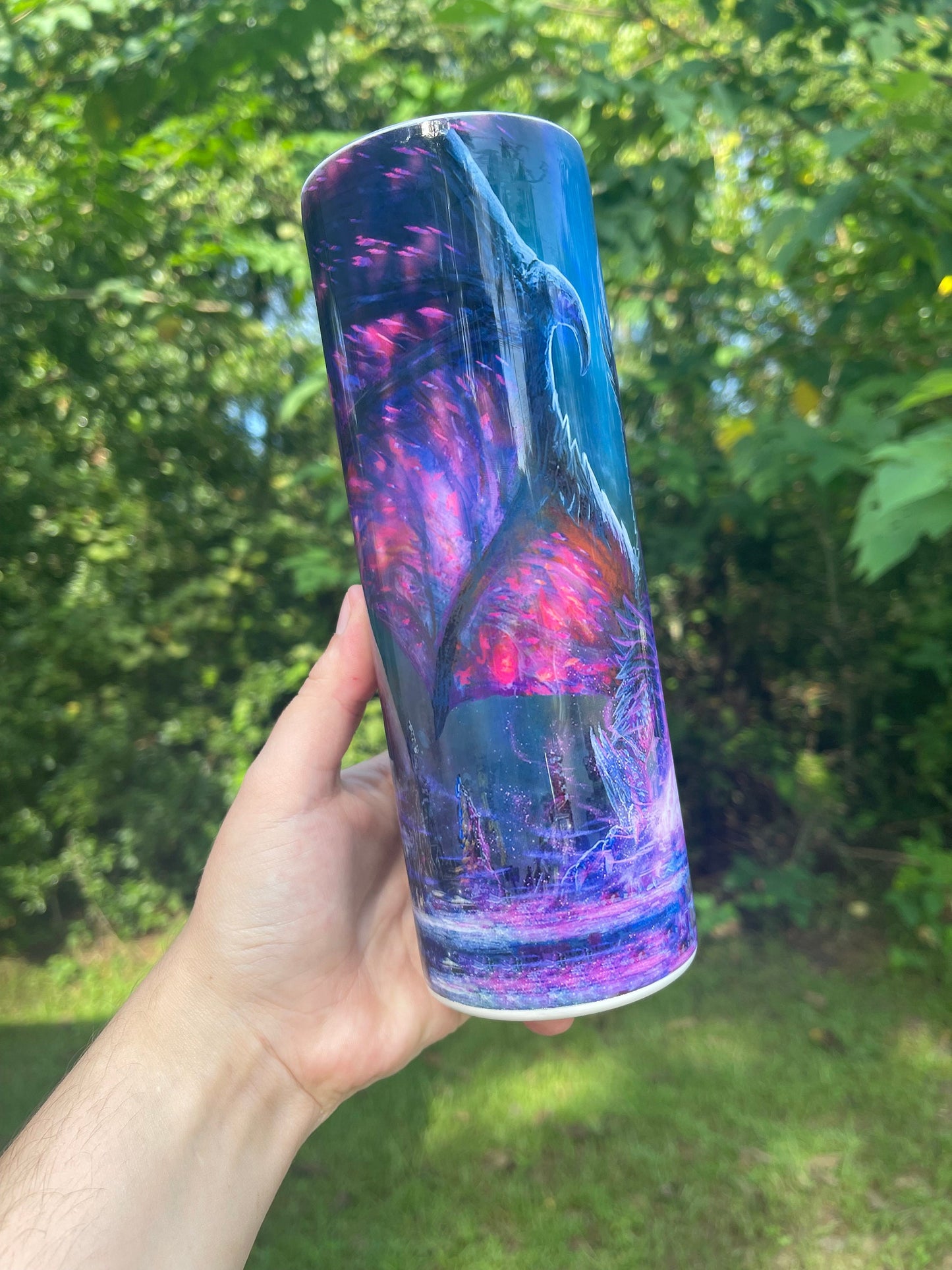 Awesome dragon flame purple and blues, personalizable 20oz tumbler skinny or 12oz kids bottle with lid and straw