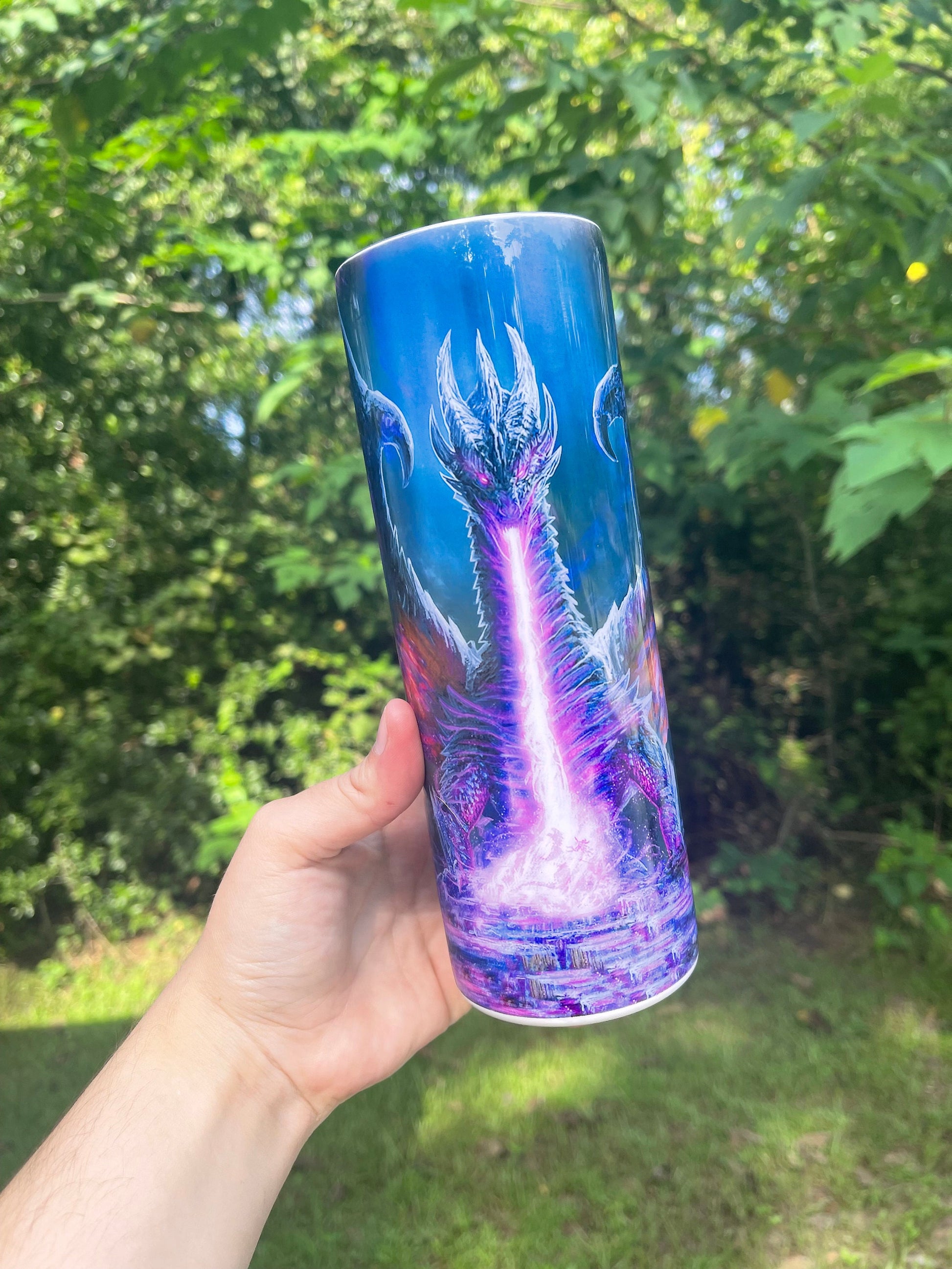 Awesome dragon flame purple and blues, personalizable 20oz tumbler skinny or 12oz kids bottle with lid and straw