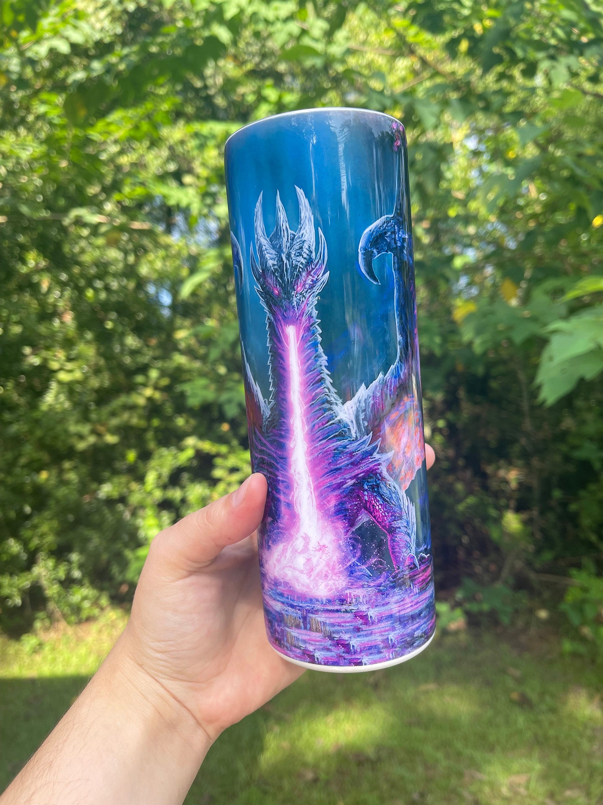 Awesome dragon flame purple and blues, personalizable 20oz tumbler skinny or 12oz kids bottle with lid and straw