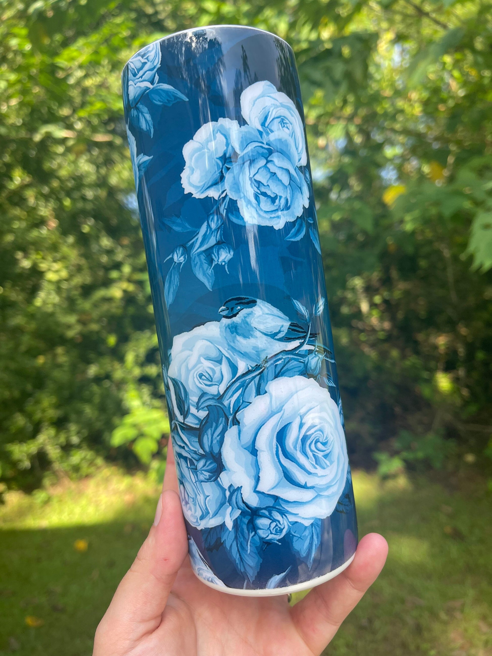 Blue roses and blue floral 20oz skinny tumbler or 12oz kids bottle with lid and straw