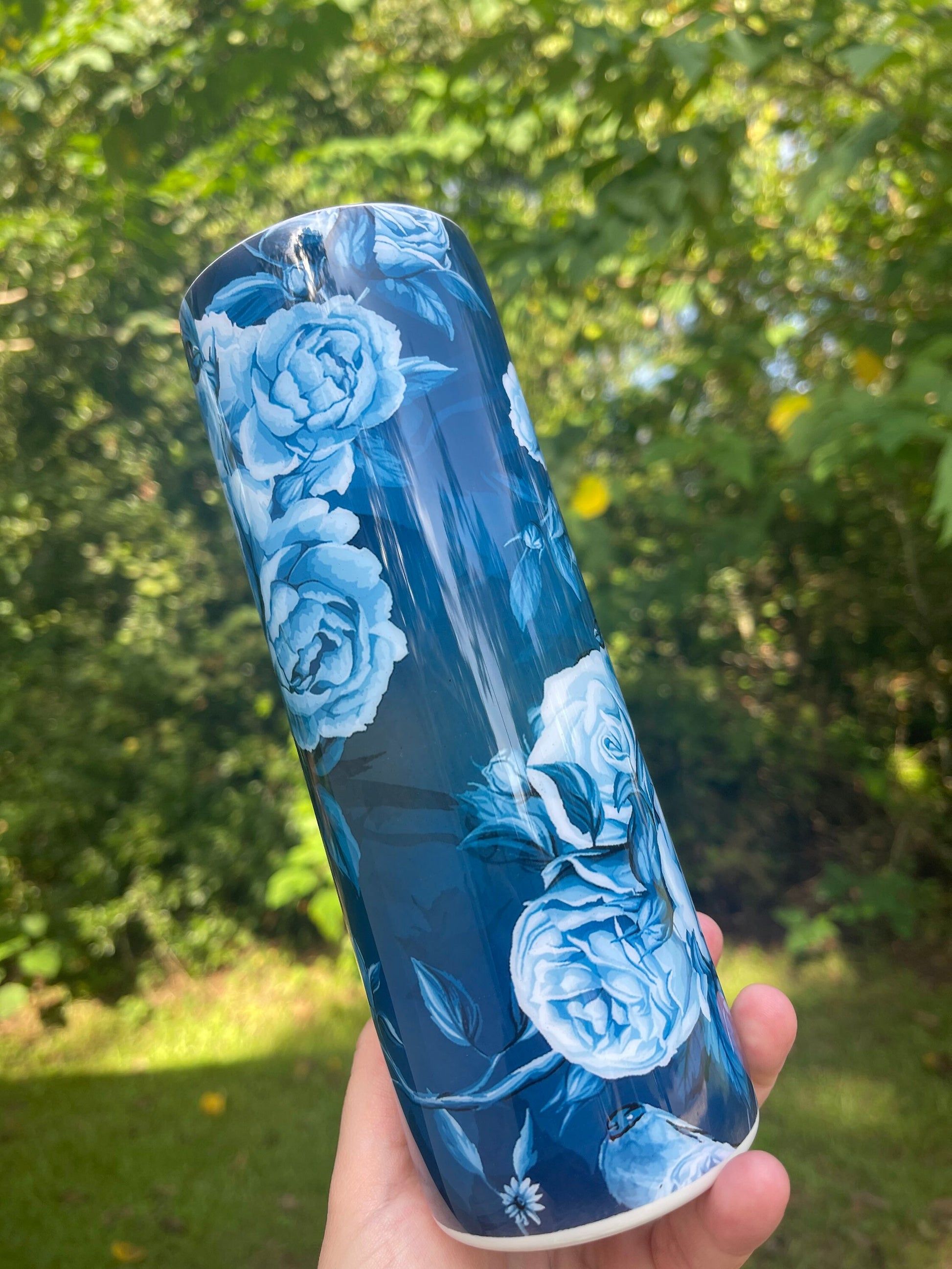 Blue roses and blue floral 20oz skinny tumbler or 12oz kids bottle with lid and straw