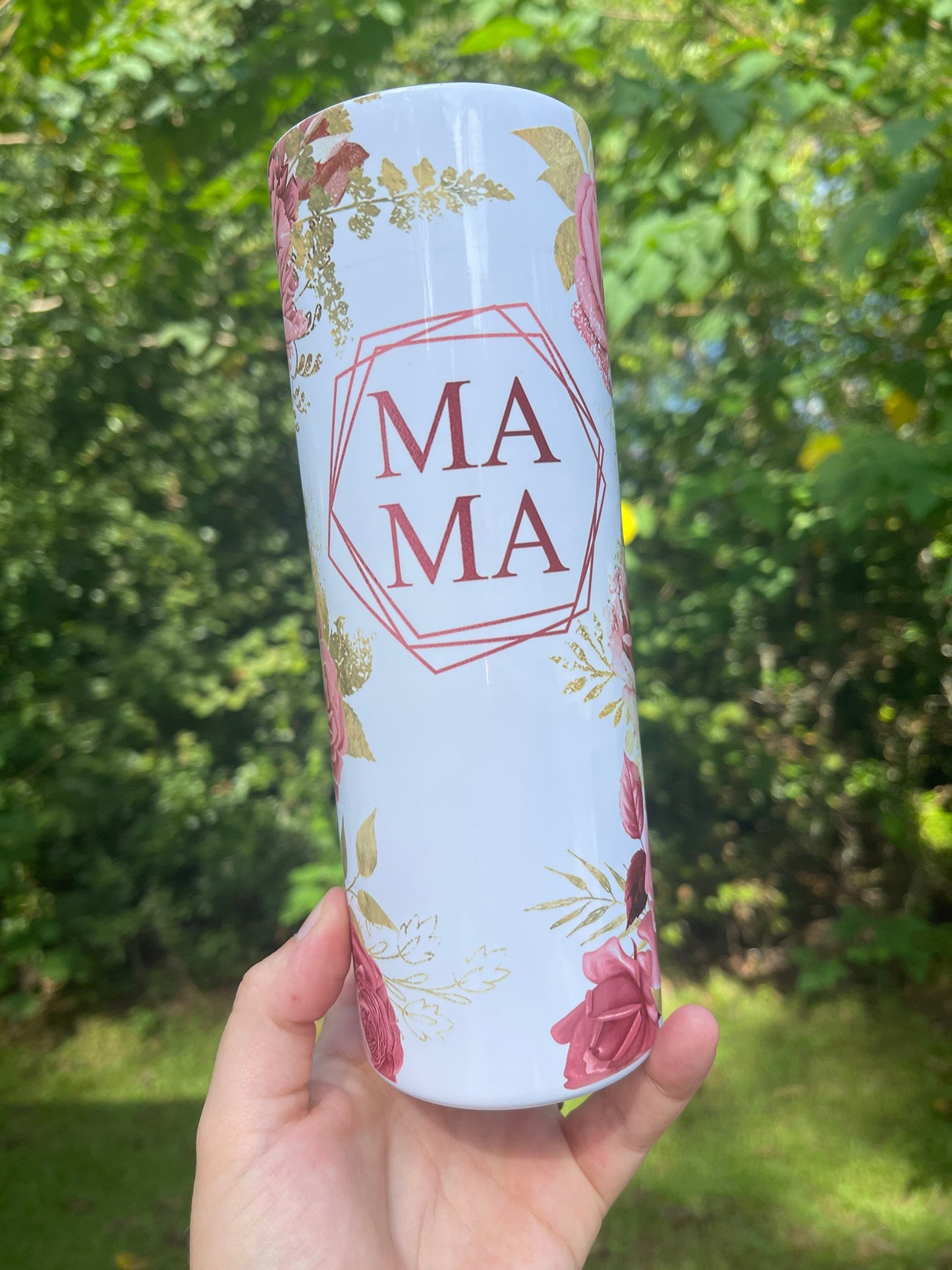 MAMA peony floral 20 or 30oz tumbler pink and gold flowers