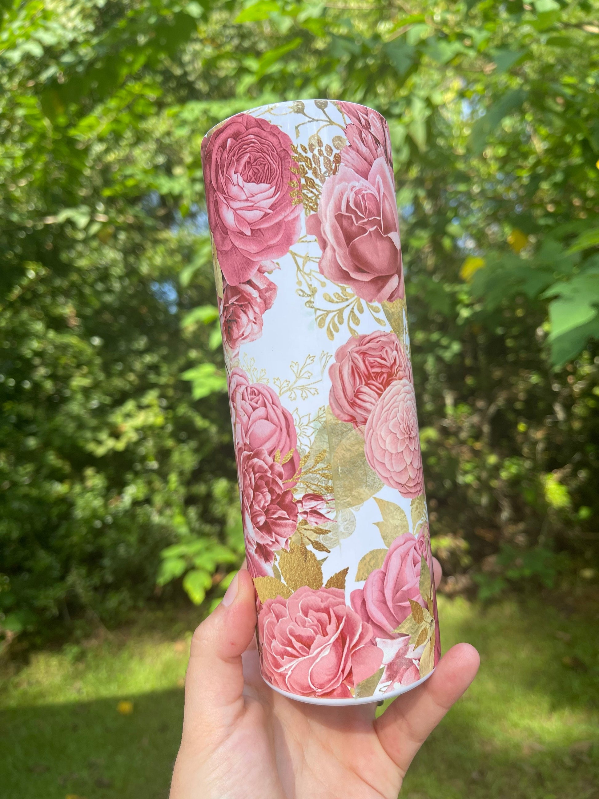 MAMA peony floral 20 or 30oz tumbler pink and gold flowers