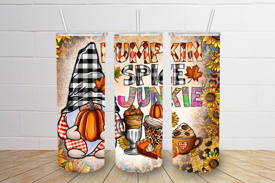 Fall Pumpkin Spice Junkie autumn gnome 20oz skinny tumbler