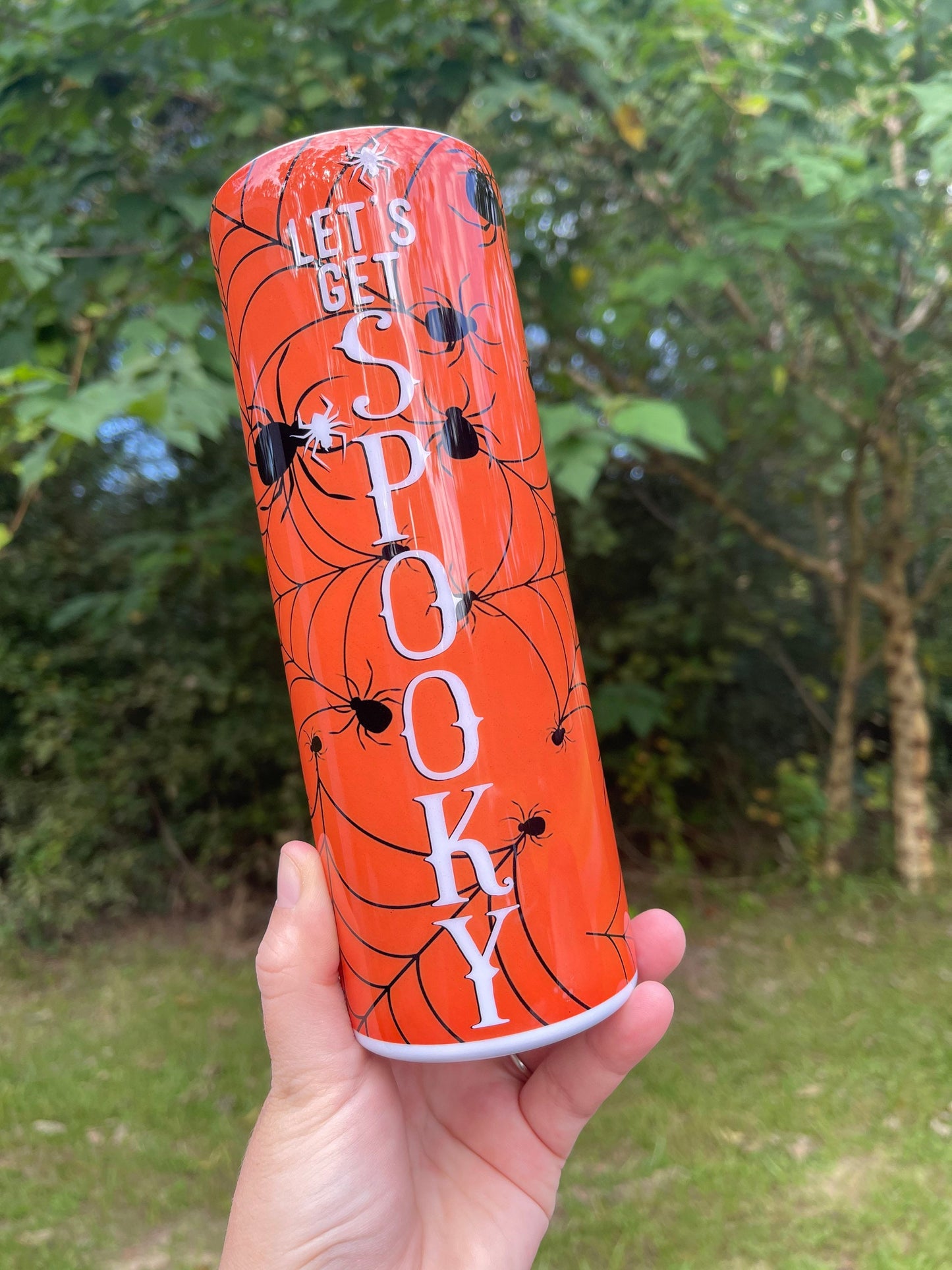 Lets Get Spooky orange spider web halloween cute 20oz skinny tumbler or 12oz kids bottle