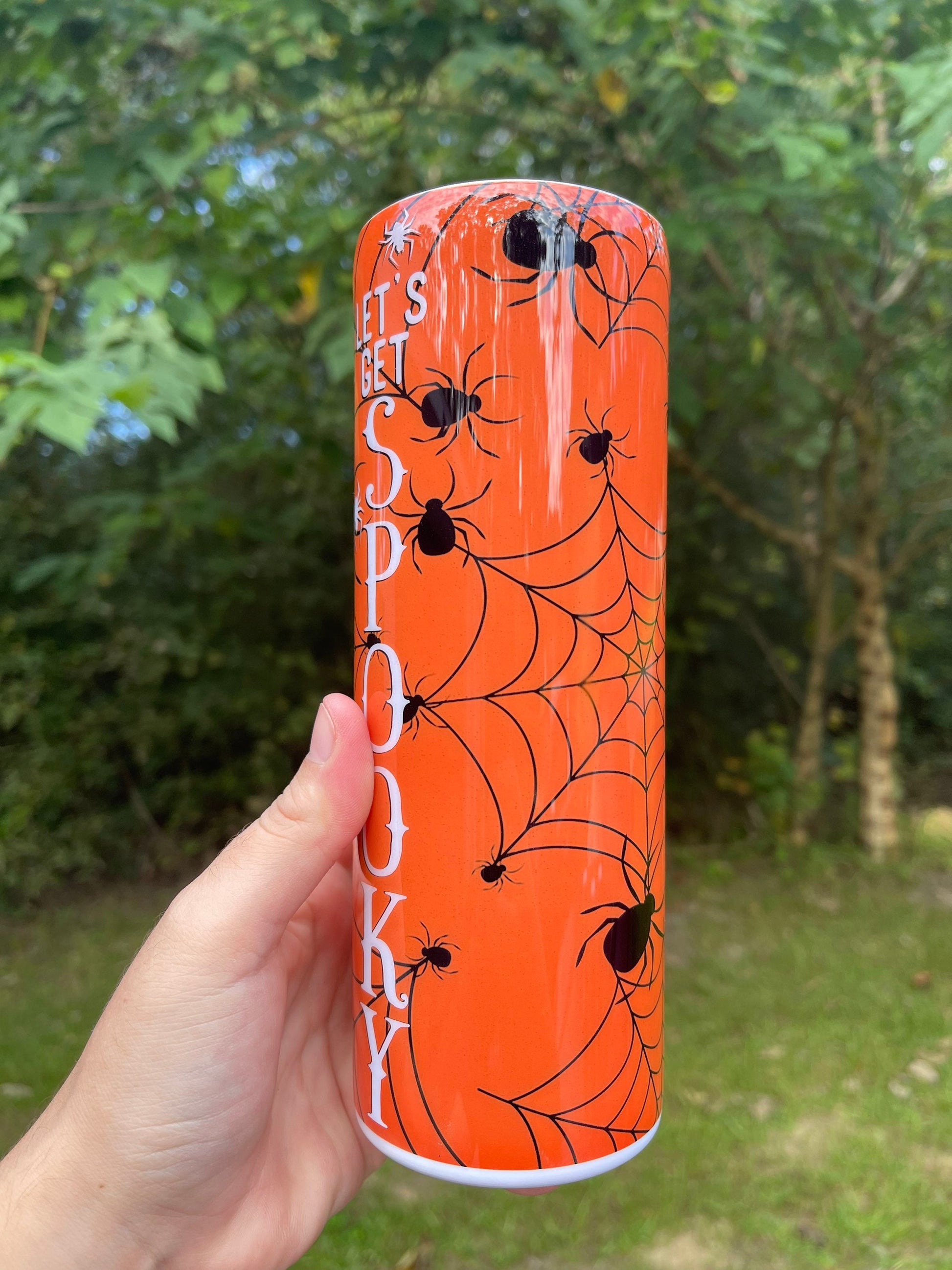 Lets Get Spooky orange spider web halloween cute 20oz skinny tumbler or 12oz kids bottle