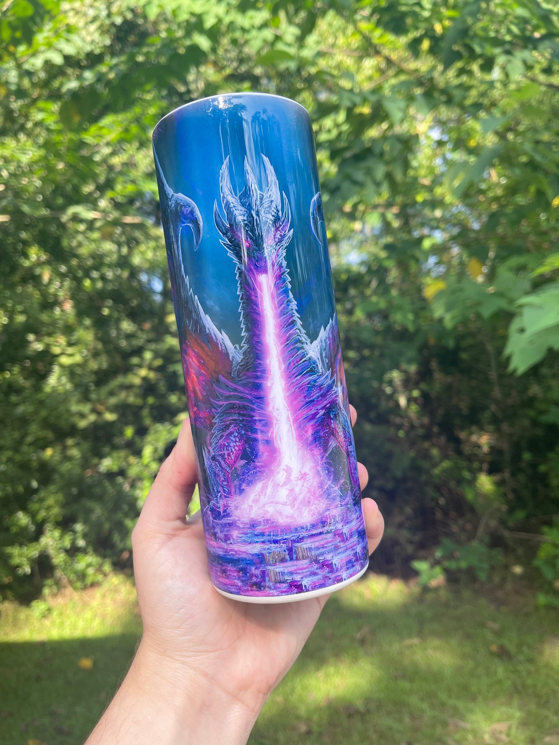 Awesome dragon flame purple and blues, personalizable 20oz tumbler skinny or 12oz kids bottle with lid and straw