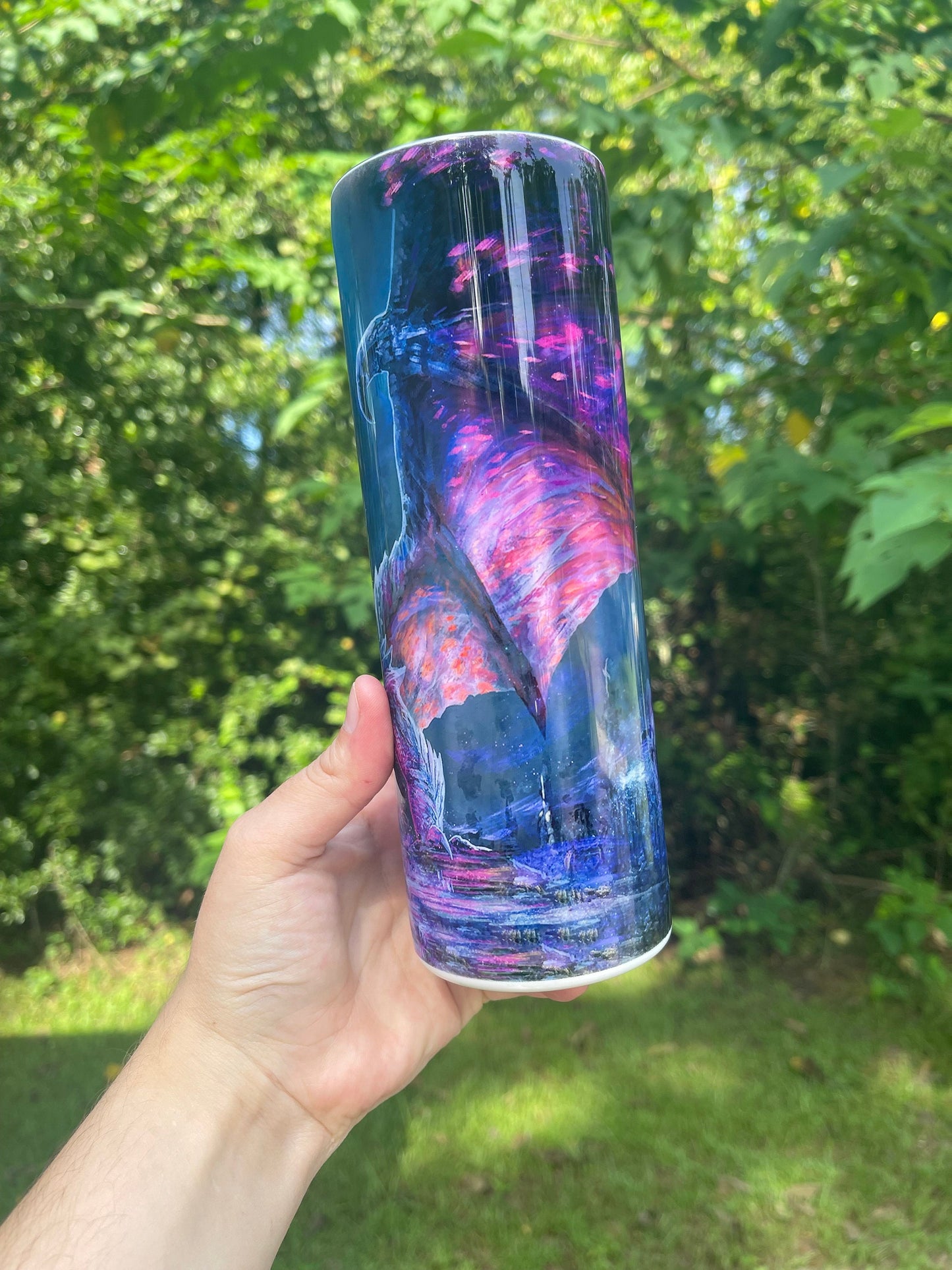 Awesome dragon flame purple and blues, personalizable 20oz tumbler skinny or 12oz kids bottle with lid and straw