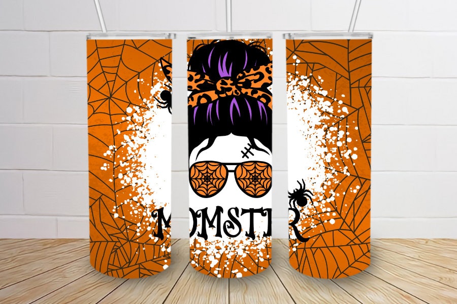 Orange Momster with spiderwebs halloween fall 20oz skinny tumbler