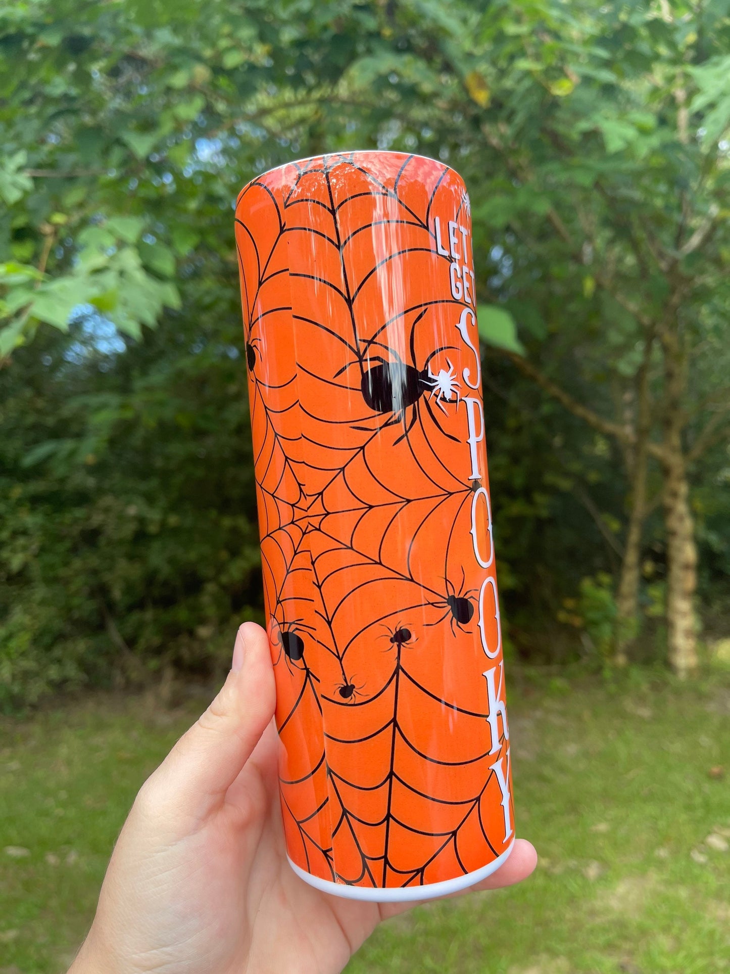 Lets Get Spooky orange spider web halloween cute 20oz skinny tumbler or 12oz kids bottle