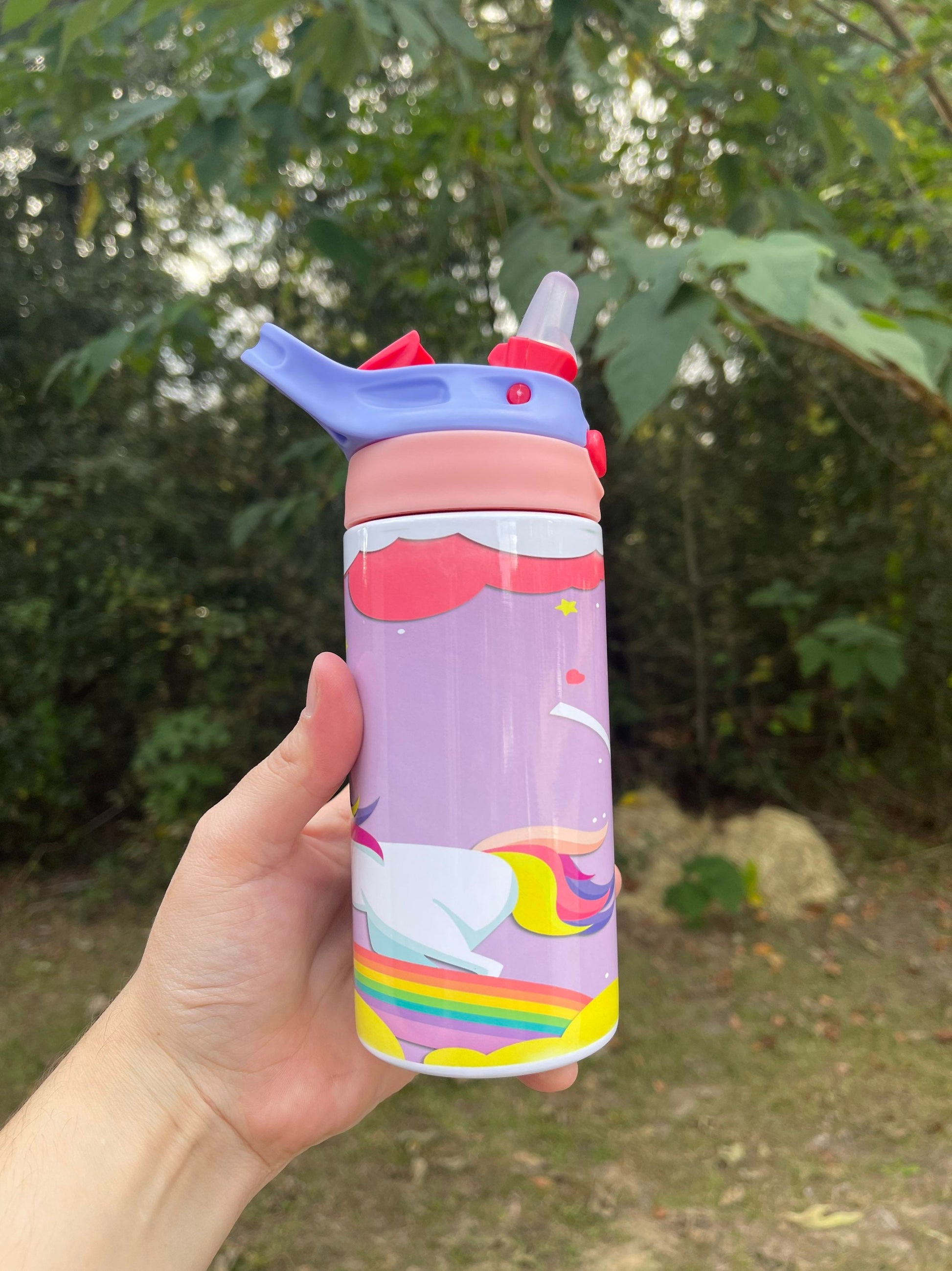 Kids cute Rainbow and clouds Unicorn 12oz kids bottle with lid and straw