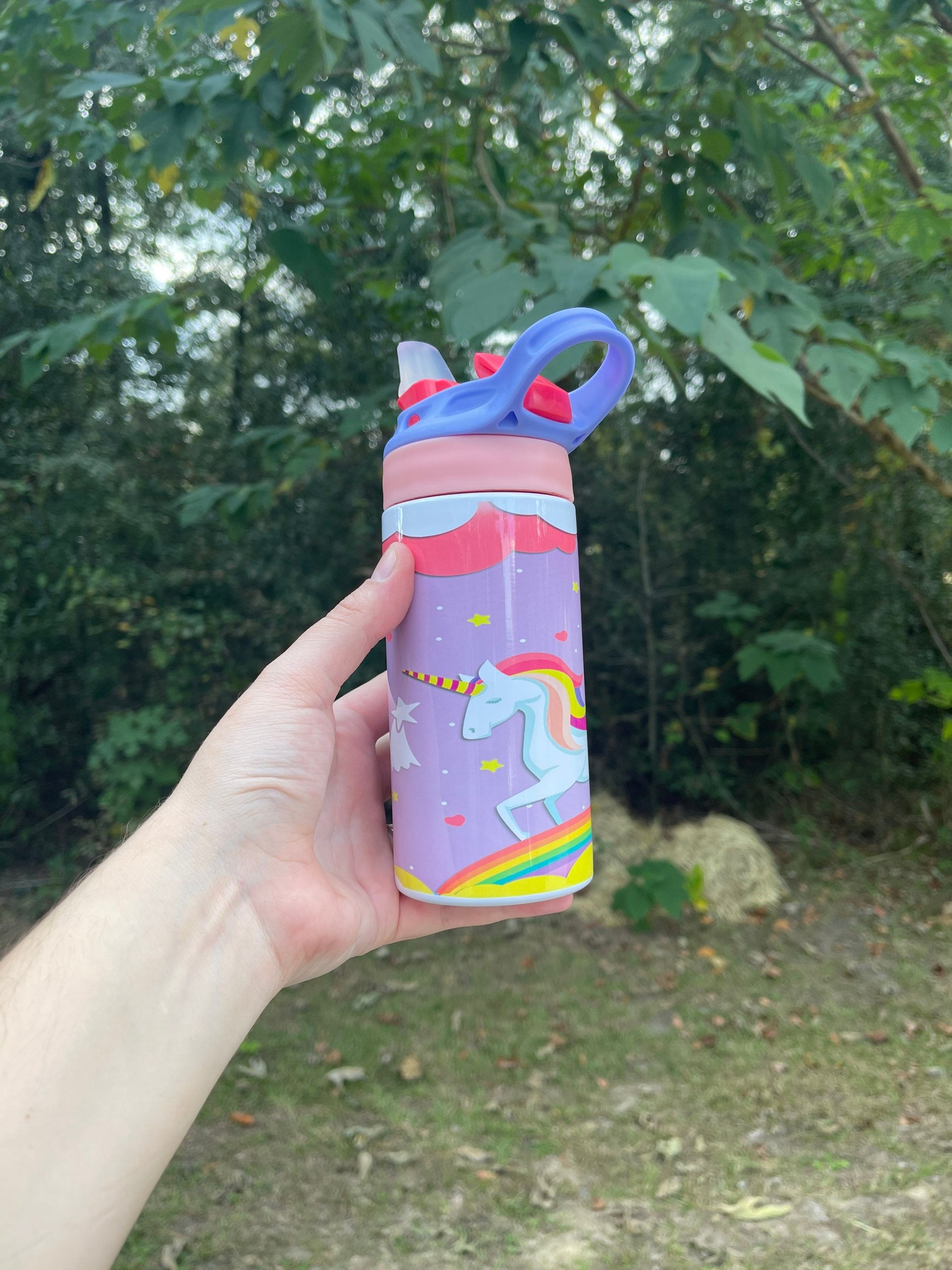 Kids cute Rainbow and clouds Unicorn 12oz kids bottle with lid and straw