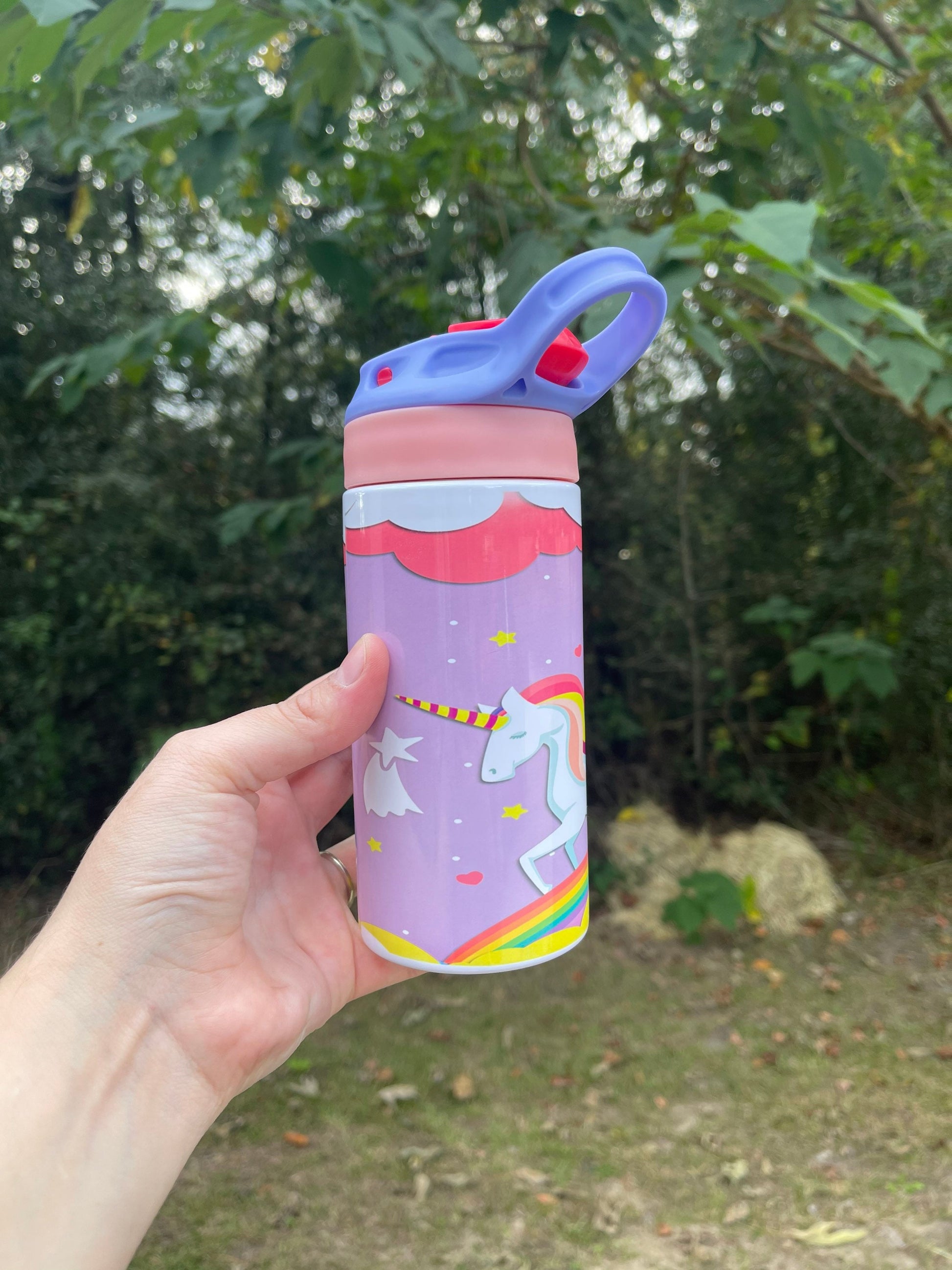 Kids cute Rainbow and clouds Unicorn 12oz kids bottle with lid and straw
