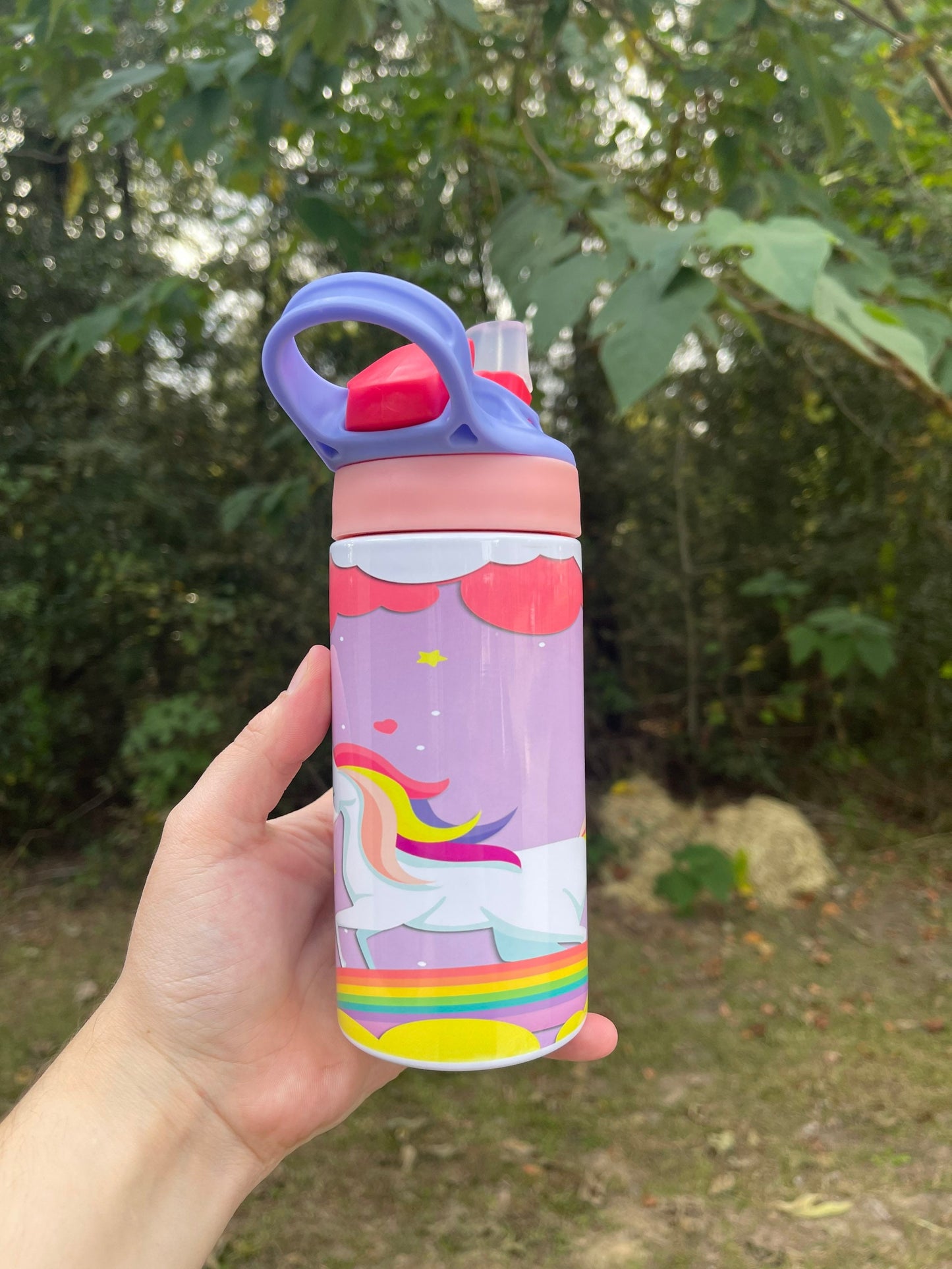 Kids cute Rainbow and clouds Unicorn 12oz kids bottle with lid and straw