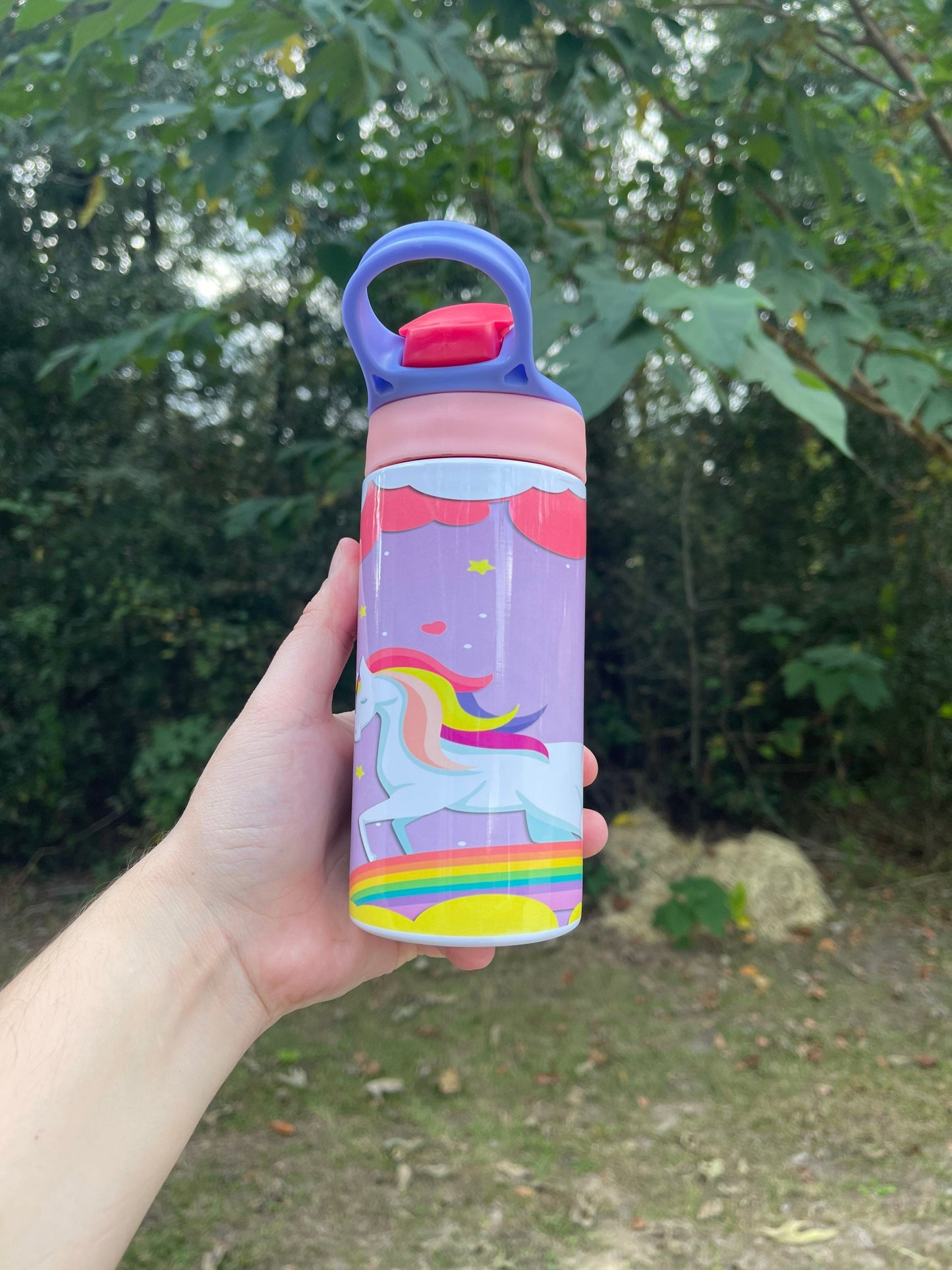 Kids cute Rainbow and clouds Unicorn 12oz kids bottle with lid and straw