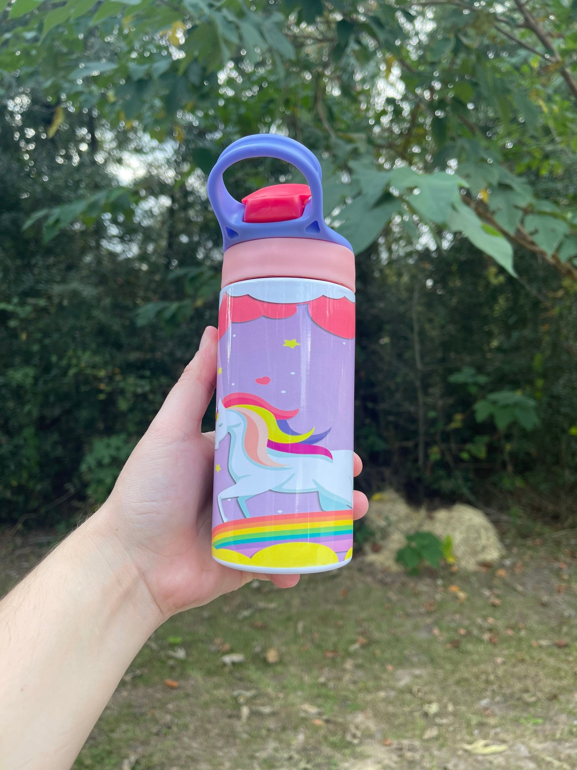 Kids cute Rainbow and clouds Unicorn 12oz kids bottle with lid and straw