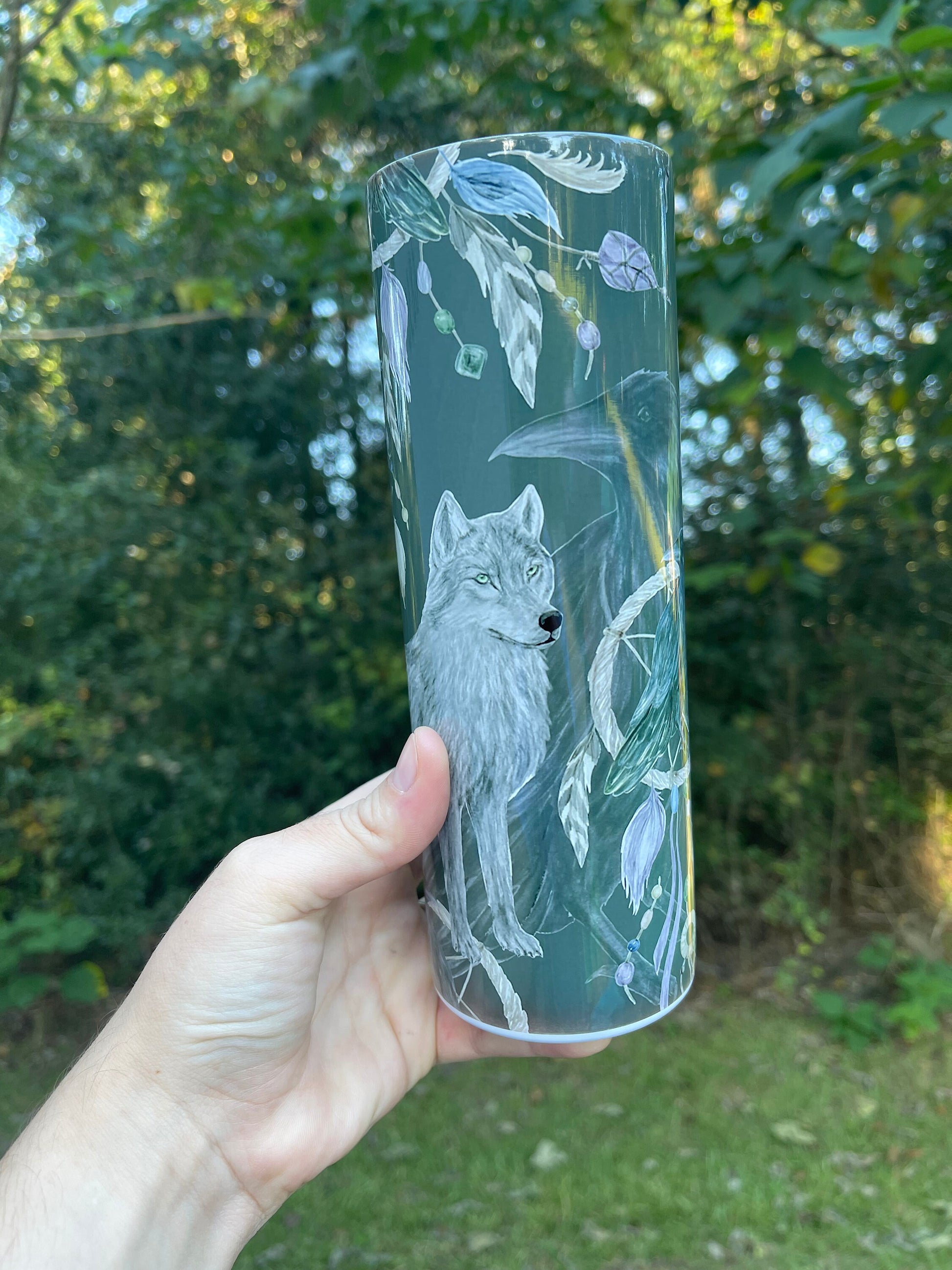 Black wolf, Raven, dream catcher, feathers Native American, gray 20oz tumbler skinny light grey, or 12oz kids bottle