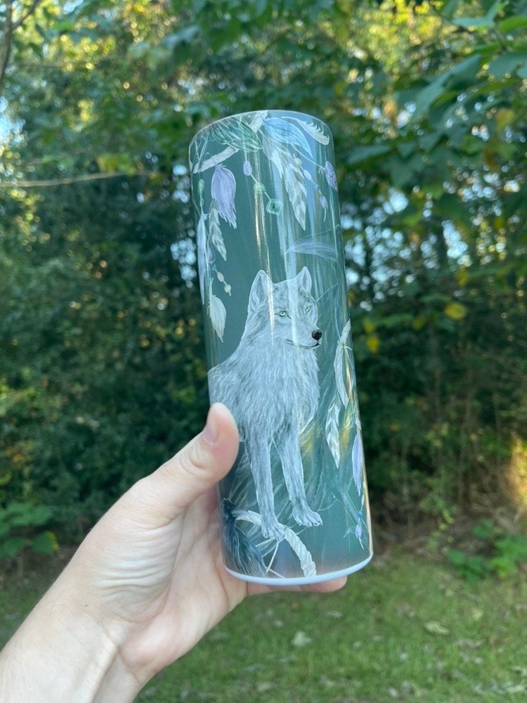 Black wolf, Raven, dream catcher, feathers Native American, gray 20oz tumbler skinny light grey, or 12oz kids bottle