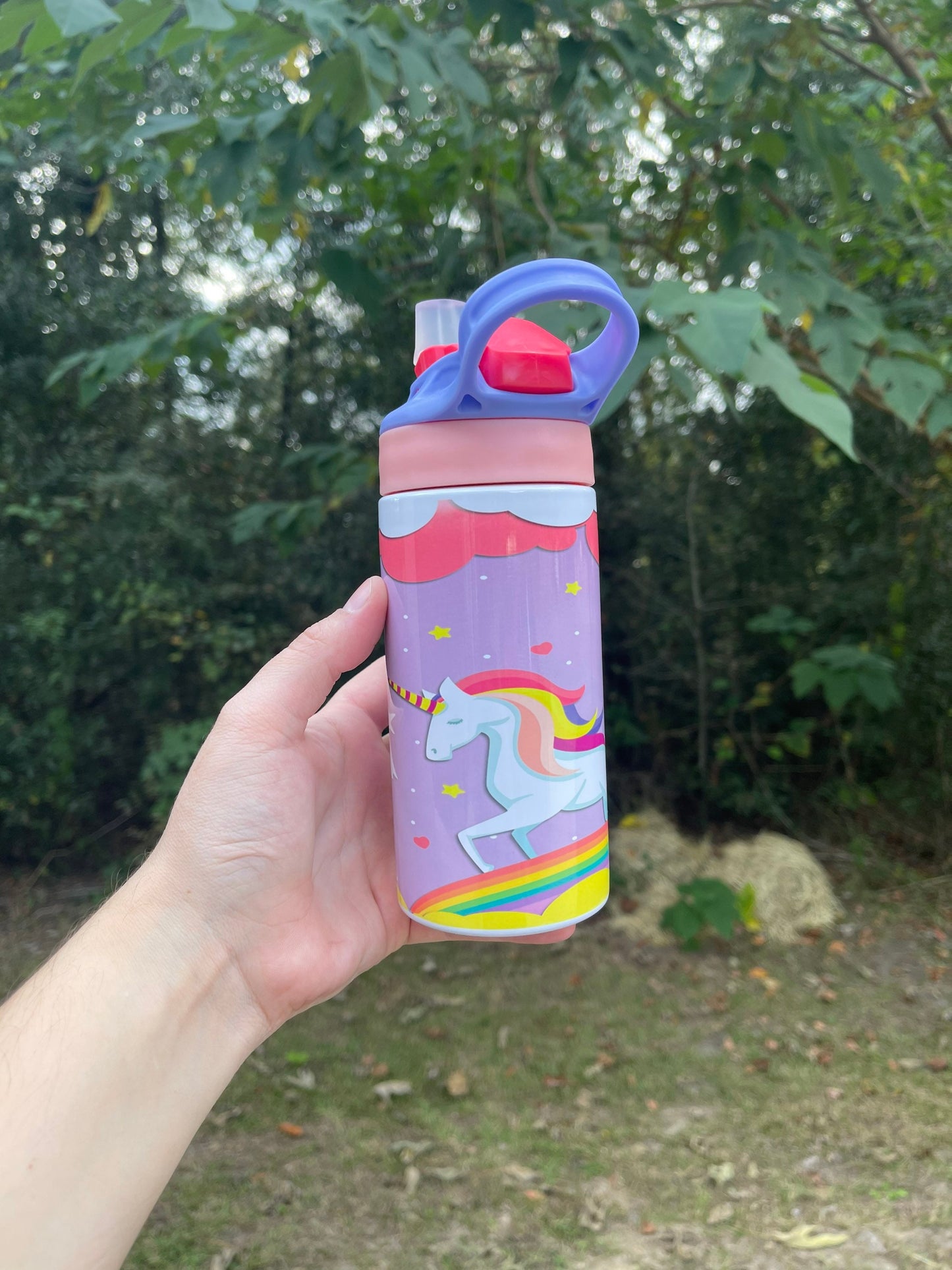 Kids cute Rainbow and clouds Unicorn 12oz kids bottle with lid and straw