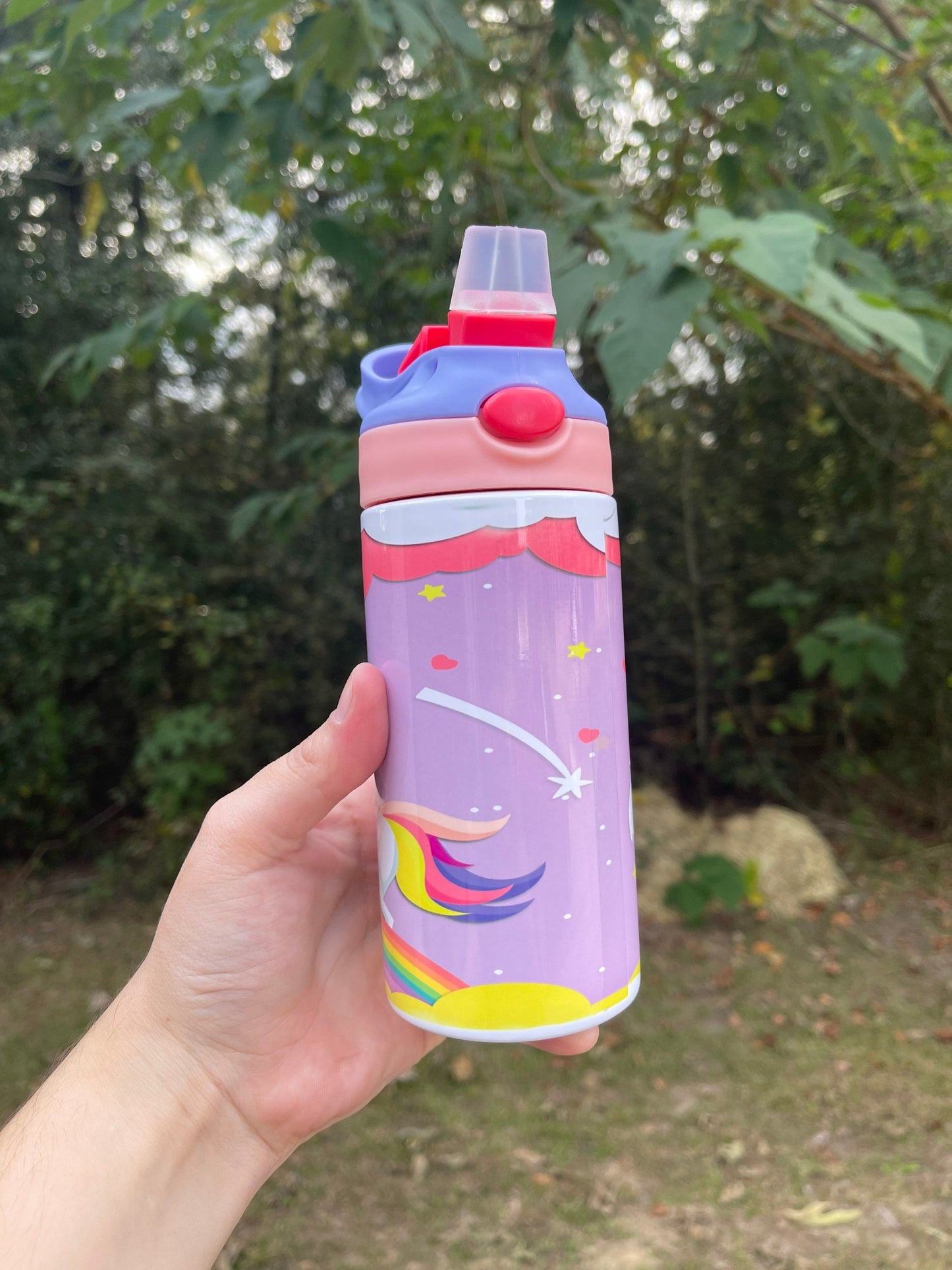 Kids cute Rainbow and clouds Unicorn 12oz kids bottle with lid and straw