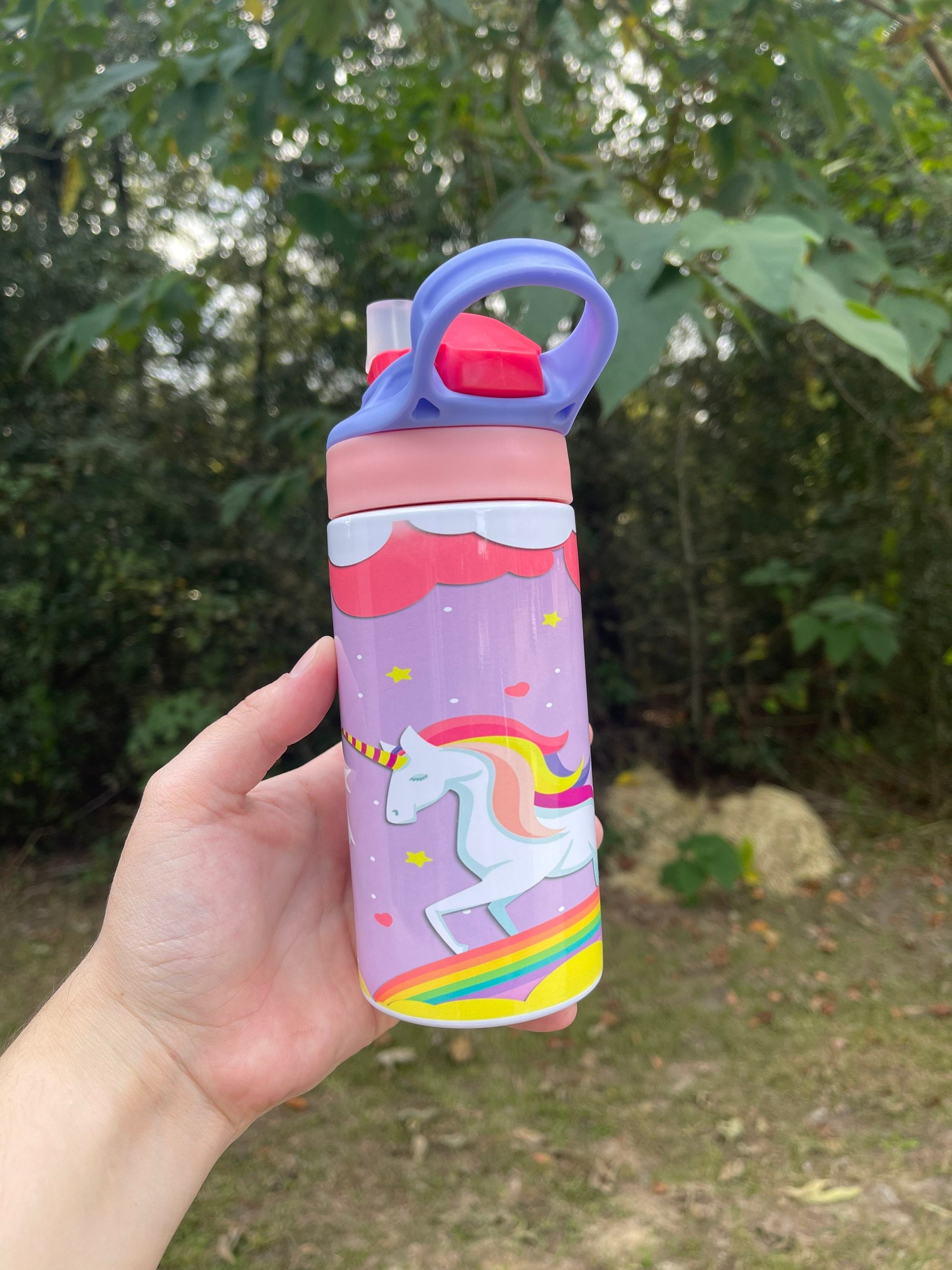 Kids cute Rainbow and clouds Unicorn 12oz kids bottle with lid and straw