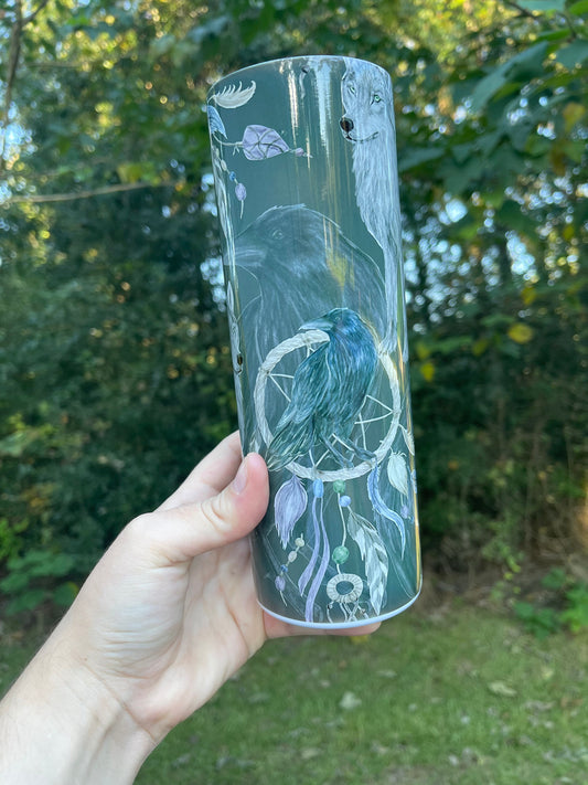 Black wolf, Raven, dream catcher, feathers Native American, gray 20oz tumbler skinny light grey, or 12oz kids bottle