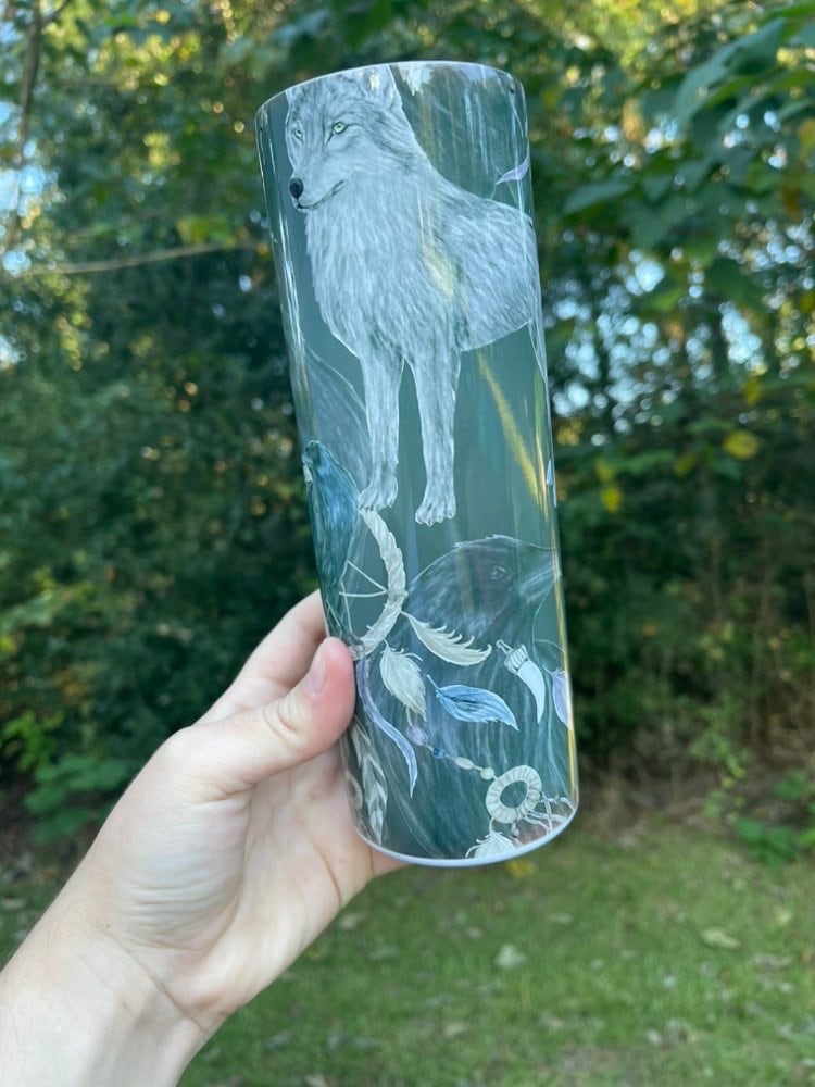 Black wolf, Raven, dream catcher, feathers Native American, gray 20oz tumbler skinny light grey, or 12oz kids bottle