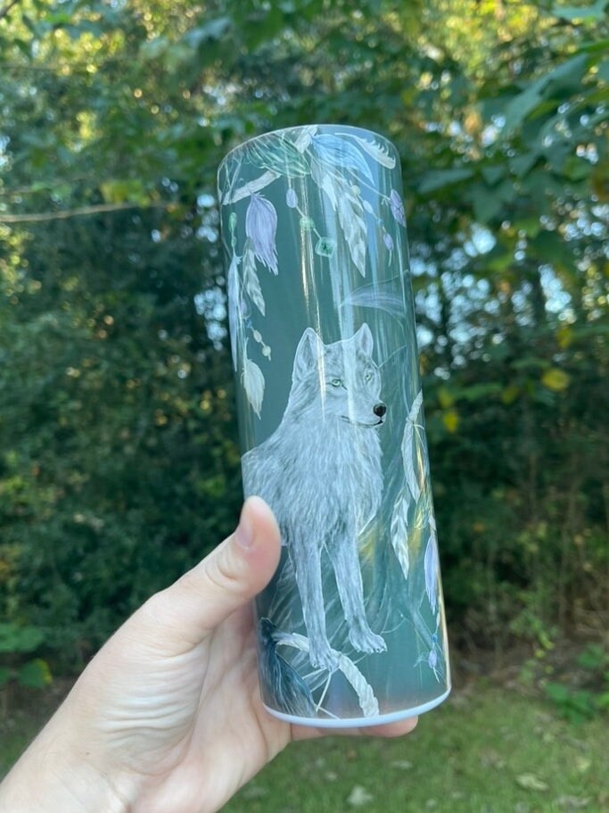 Black wolf, Raven, dream catcher, feathers Native American, gray 20oz tumbler skinny light grey, or 12oz kids bottle