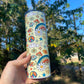 Cute retro 70s look tumbler with rainbows, mushrooms, floral stars, peace signs 20oz skinny or 12oz kids bottle