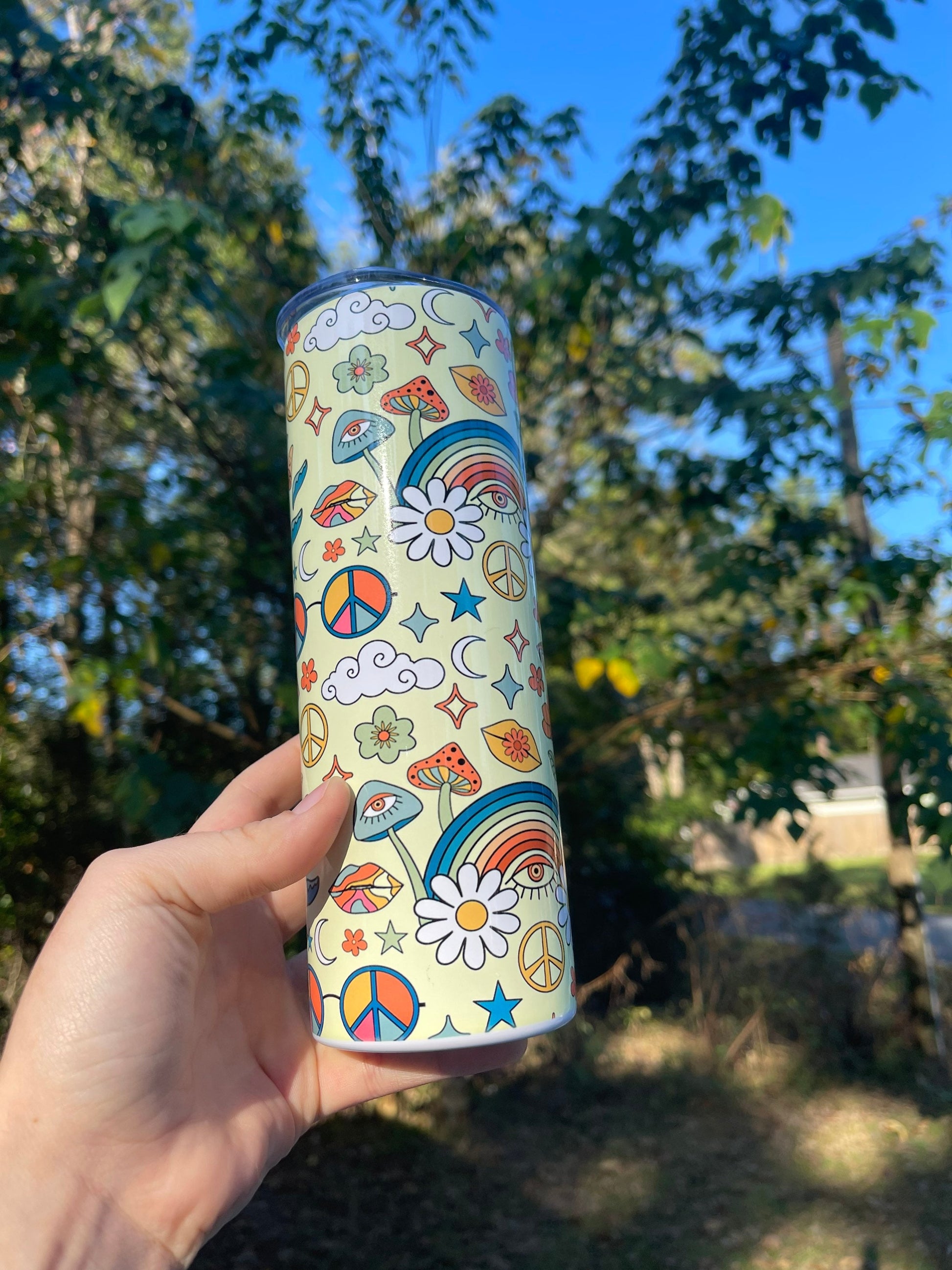 Cute retro 70s look tumbler with rainbows, mushrooms, floral stars, peace signs 20oz skinny or 12oz kids bottle