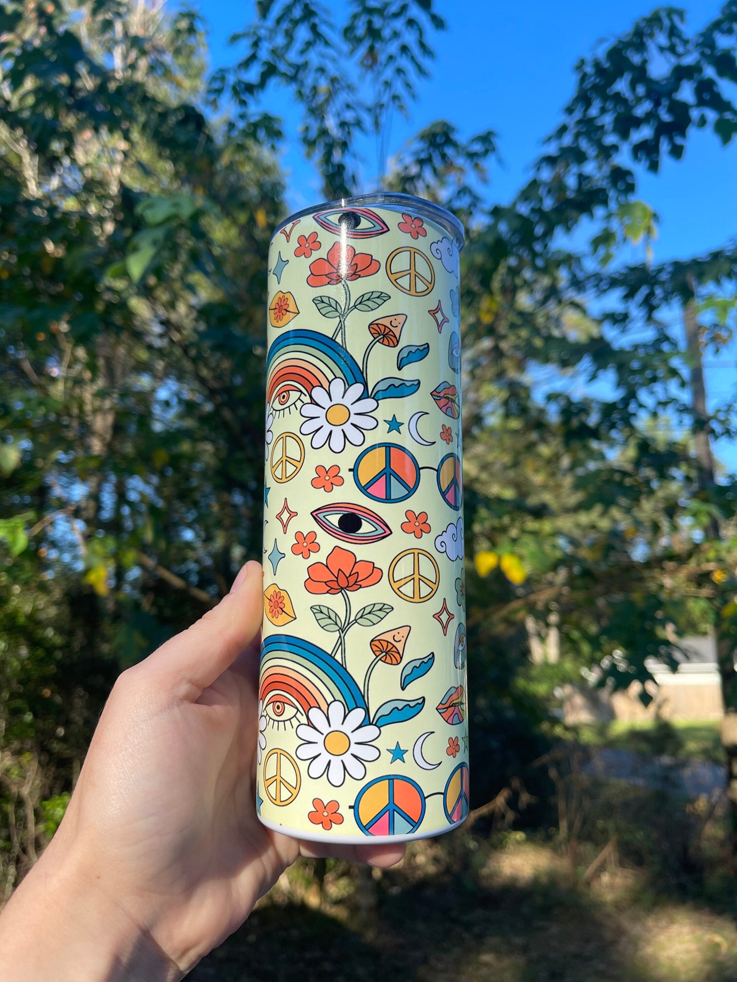 Cute retro 70s look tumbler with rainbows, mushrooms, floral stars, peace signs 20oz skinny or 12oz kids bottle