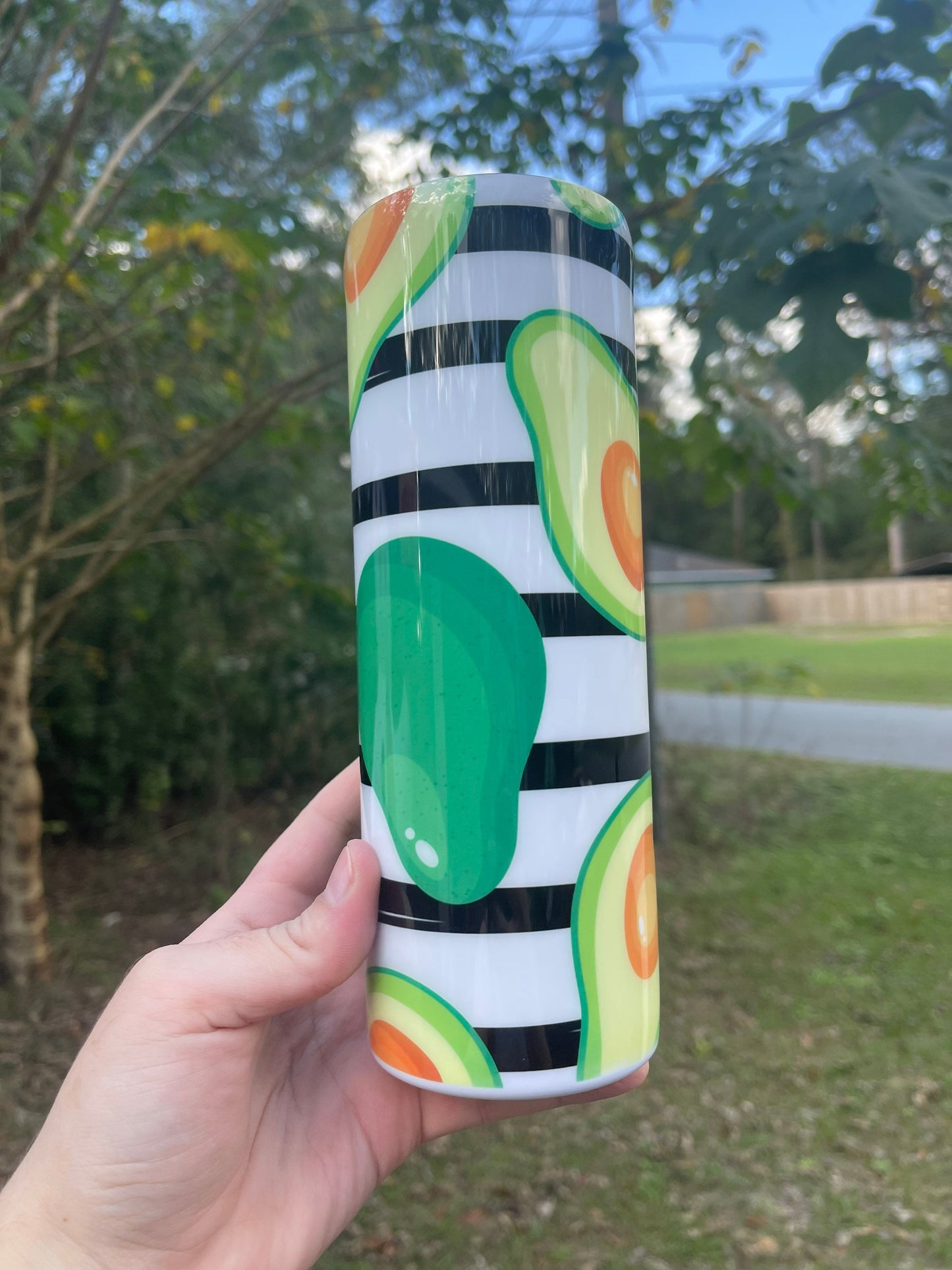 Cute black and white striped avocado cute 20oz skinny tumbler with lid and straw