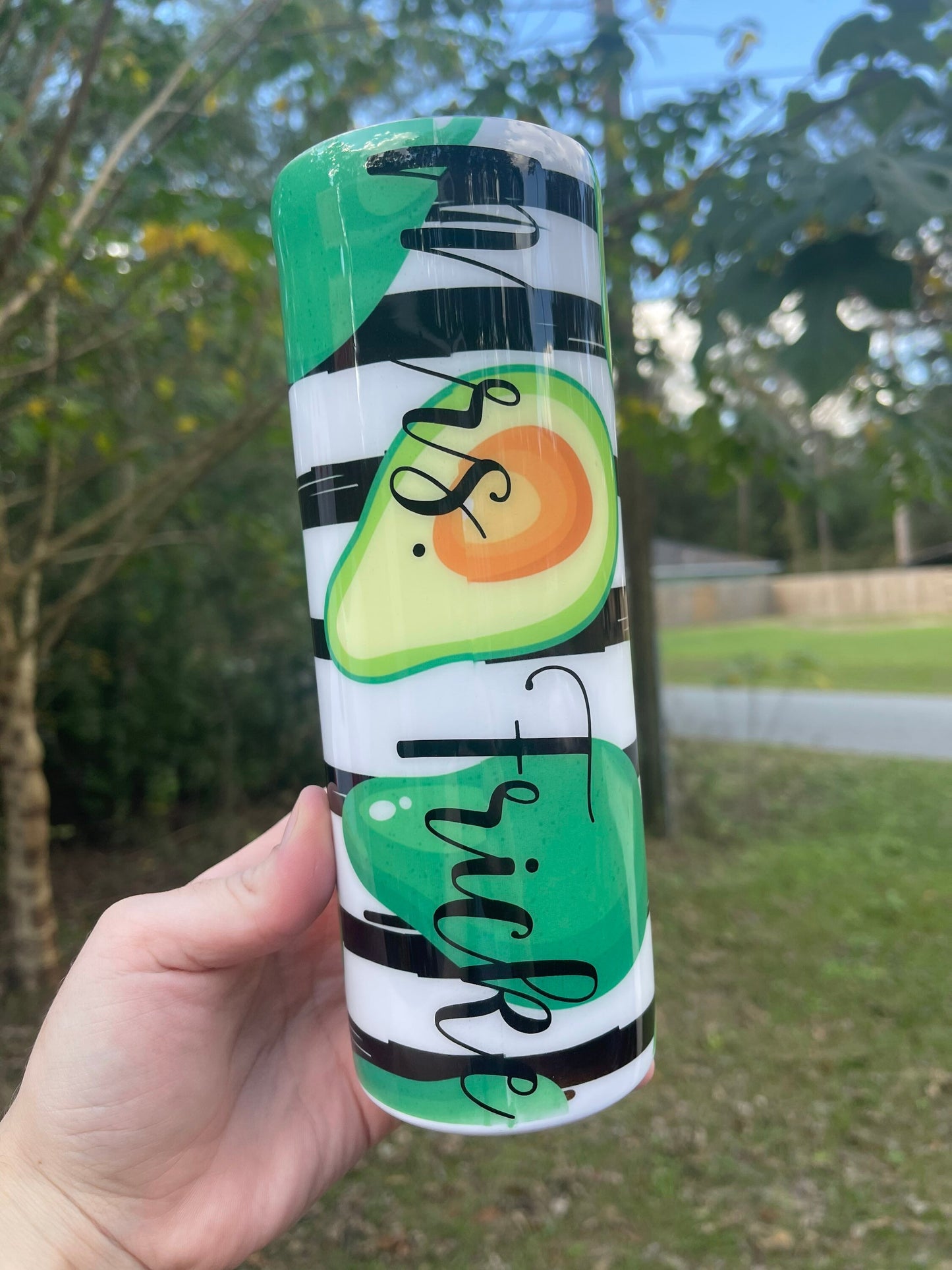 Cute black and white striped avocado cute 20oz skinny tumbler with lid and straw