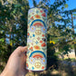 Cute retro 70s look tumbler with rainbows, mushrooms, floral stars, peace signs 20oz skinny or 12oz kids bottle