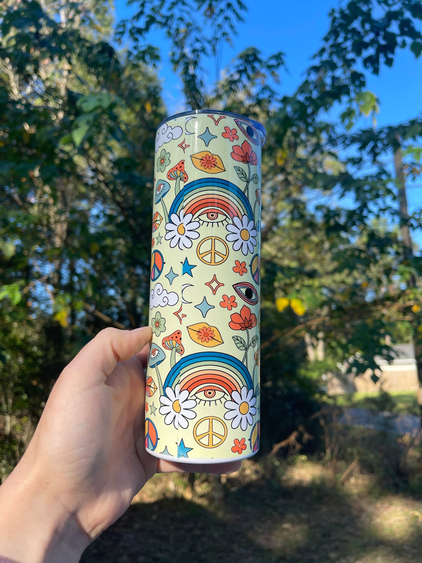 Cute retro 70s look tumbler with rainbows, mushrooms, floral stars, peace signs 20oz skinny or 12oz kids bottle