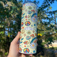 Cute retro 70s look tumbler with rainbows, mushrooms, floral stars, peace signs 20oz skinny or 12oz kids bottle