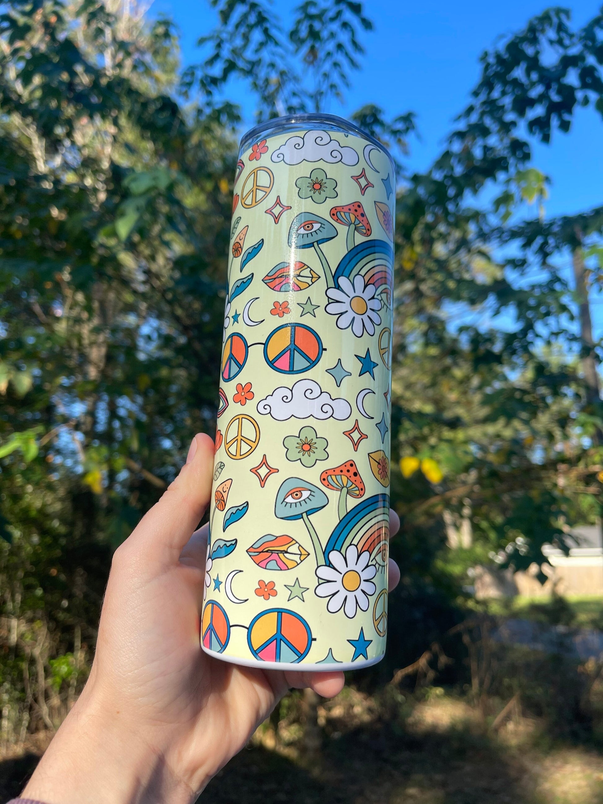 Cute retro 70s look tumbler with rainbows, mushrooms, floral stars, peace signs 20oz skinny or 12oz kids bottle