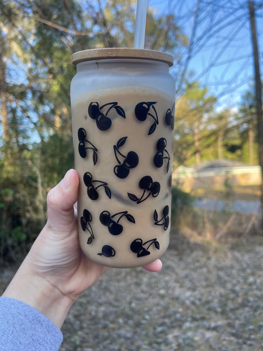 Cherries /cherry coffee can 16oz cute glass coffee can cup. With bamboo wood lid and plastic straw