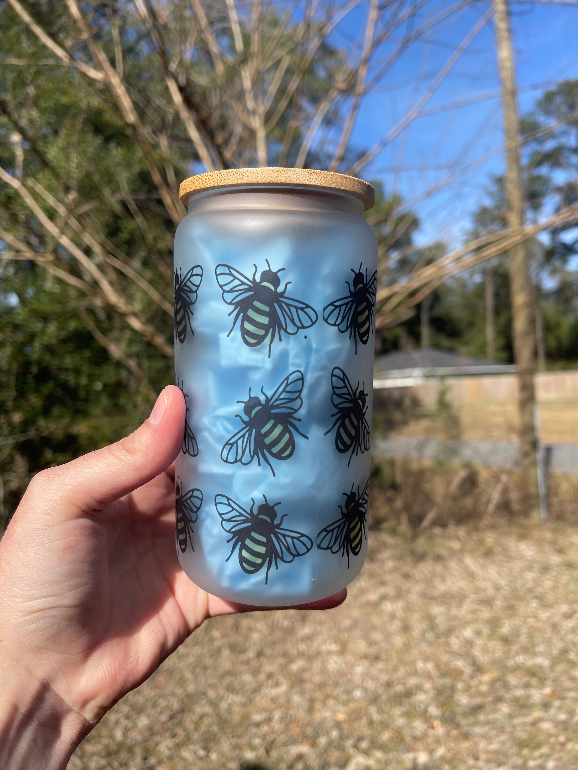 Cute bumblebee bumble bees  coffee can 16oz cute glass cup. With bamboo wood lid and plastic straw