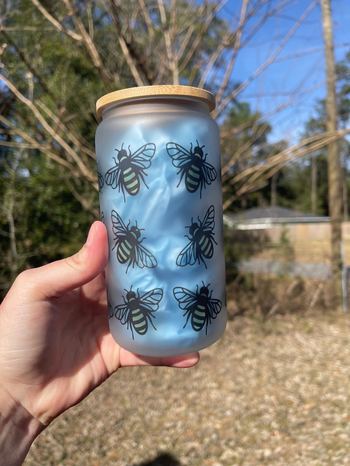 Cute bumblebee bumble bees  coffee can 16oz cute glass cup. With bamboo wood lid and plastic straw