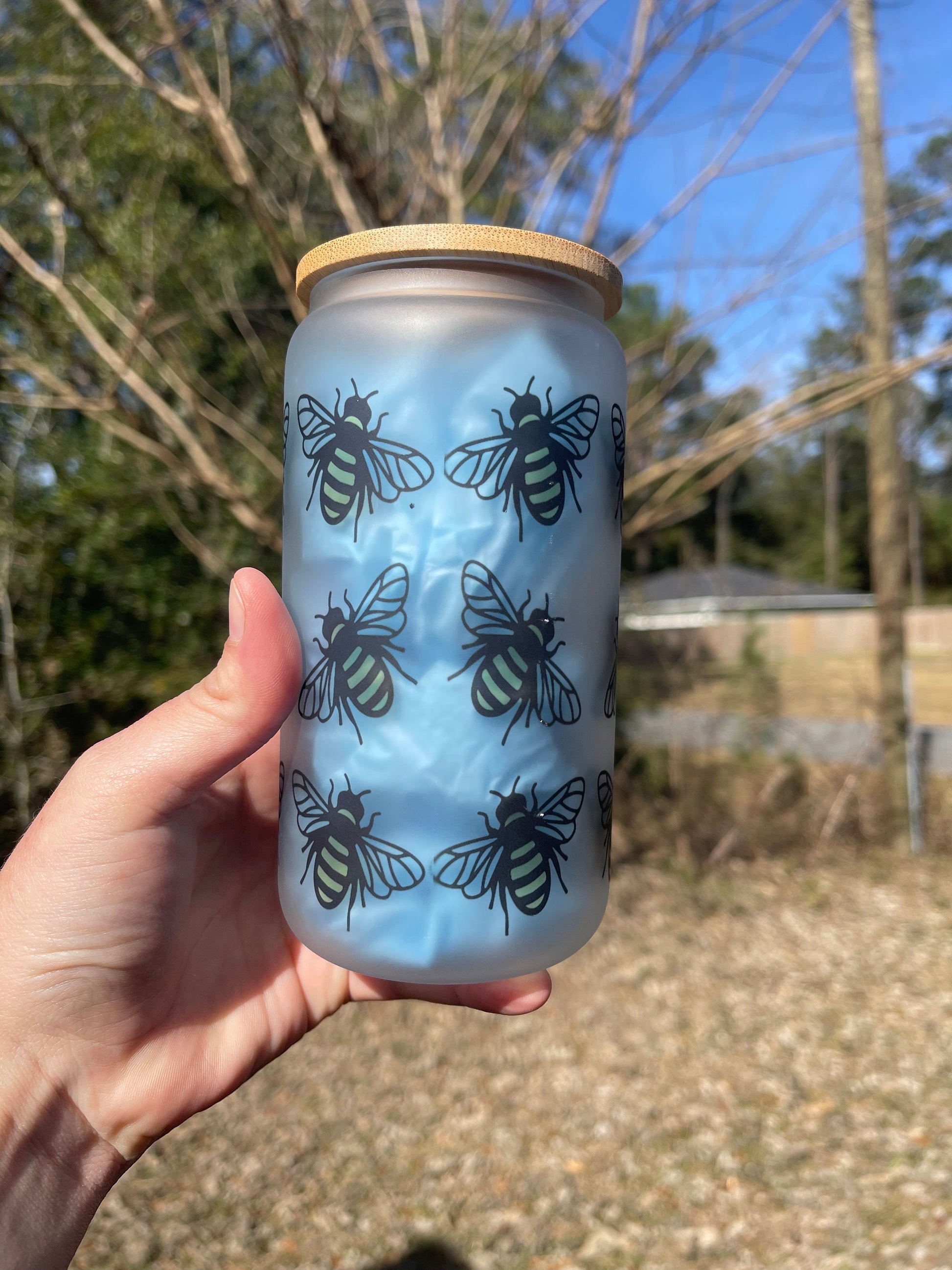 Cute bumblebee bumble bees  coffee can 16oz cute glass cup. With bamboo wood lid and plastic straw