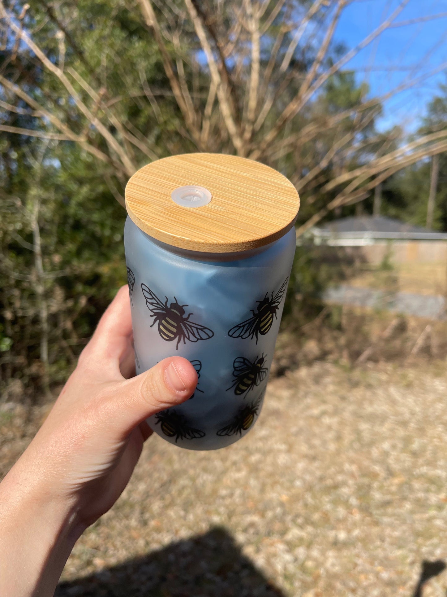 Cute bumblebee bumble bees  coffee can 16oz cute glass cup. With bamboo wood lid and plastic straw