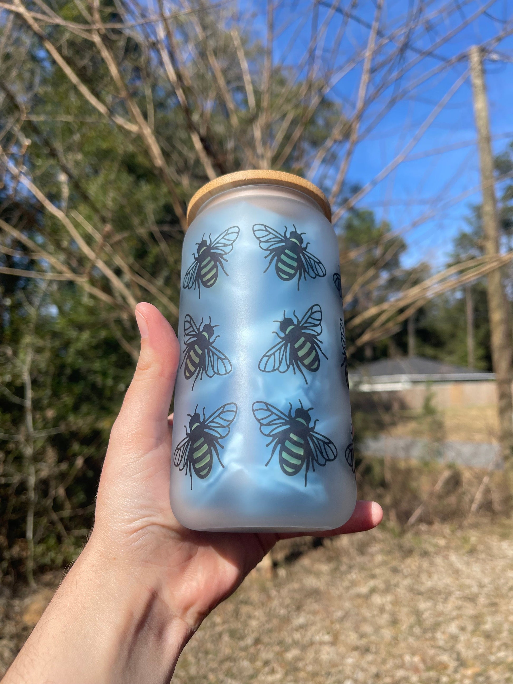 Cute bumblebee bumble bees  coffee can 16oz cute glass cup. With bamboo wood lid and plastic straw