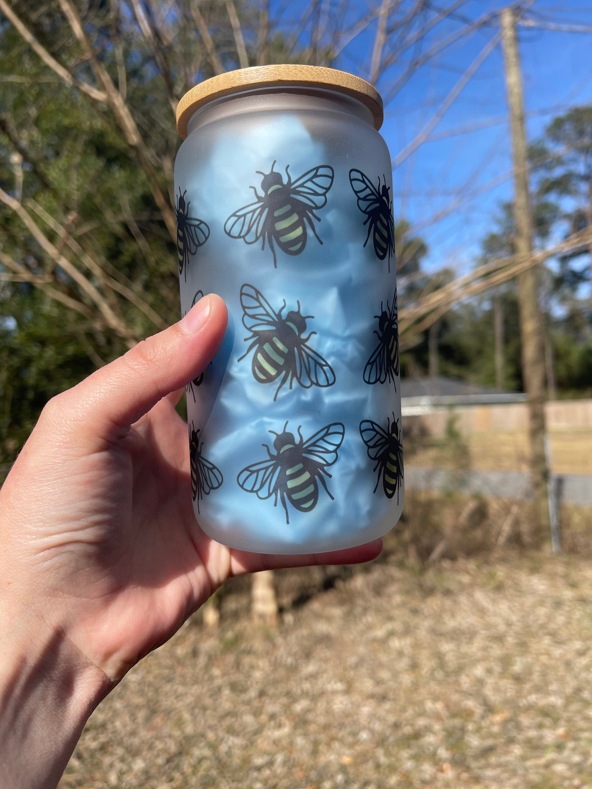 Cute bumblebee bumble bees  coffee can 16oz cute glass cup. With bamboo wood lid and plastic straw