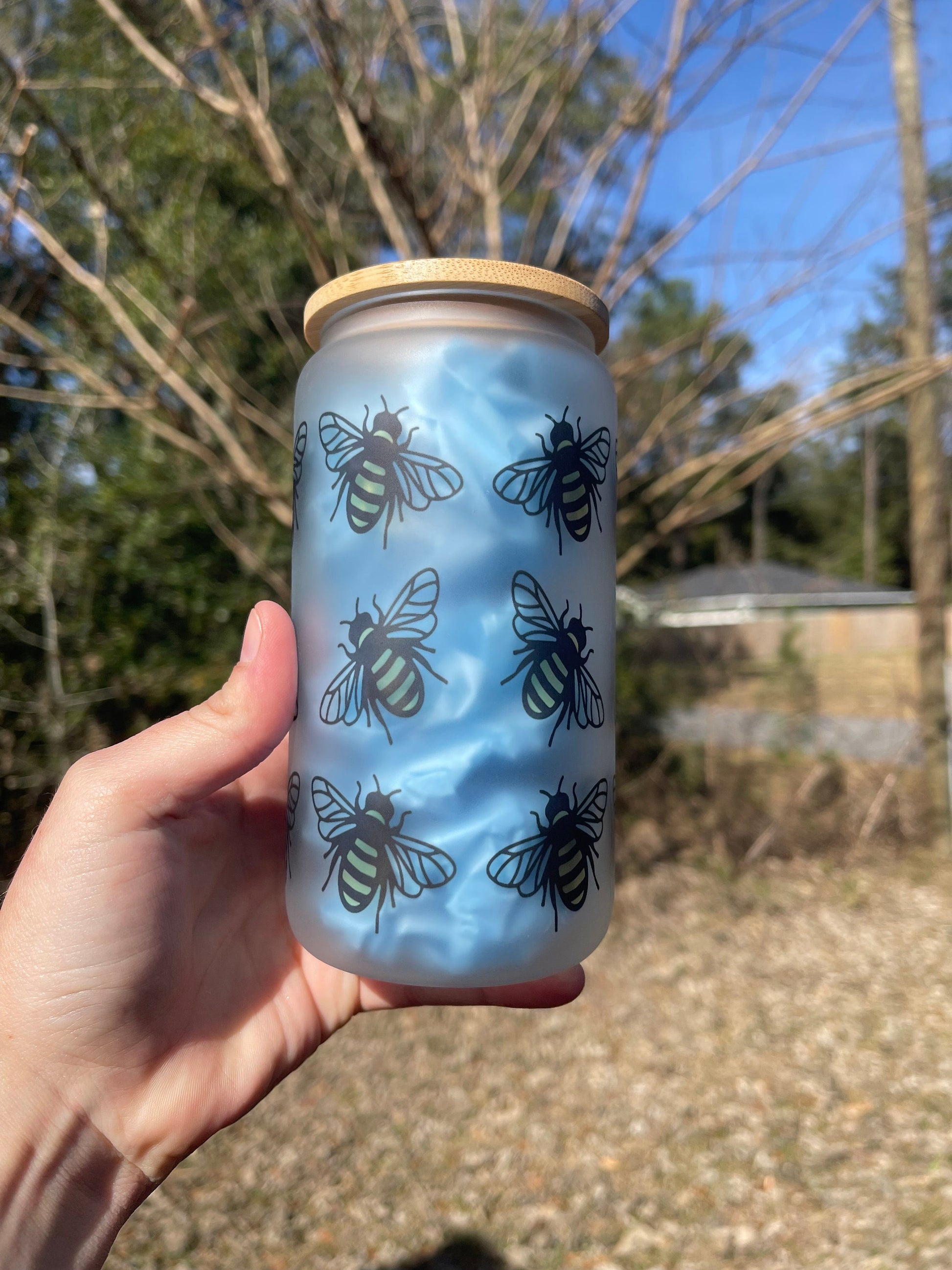 Cute bumblebee bumble bees  coffee can 16oz cute glass cup. With bamboo wood lid and plastic straw