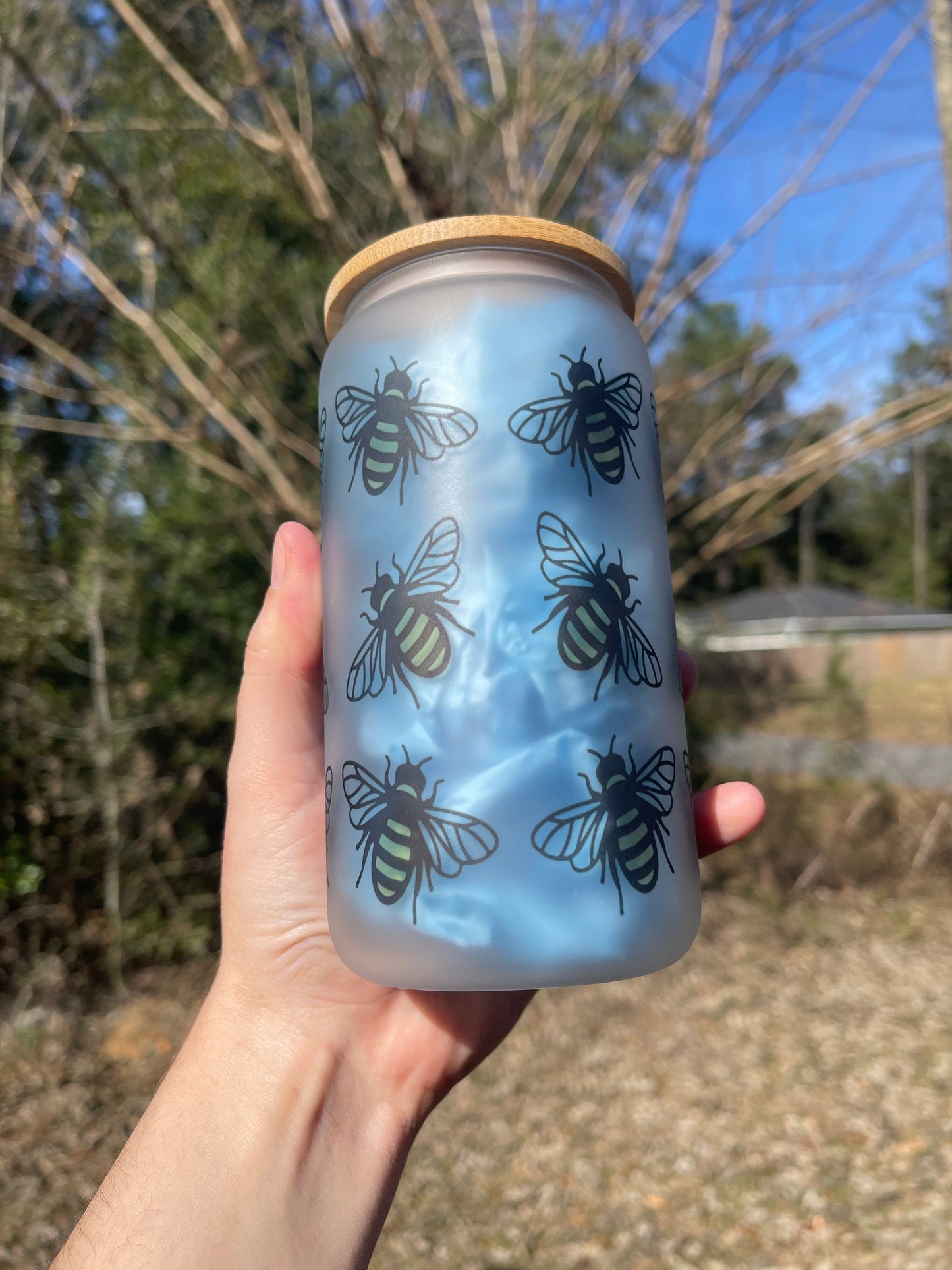 Cute bumblebee bumble bees  coffee can 16oz cute glass cup. With bamboo wood lid and plastic straw